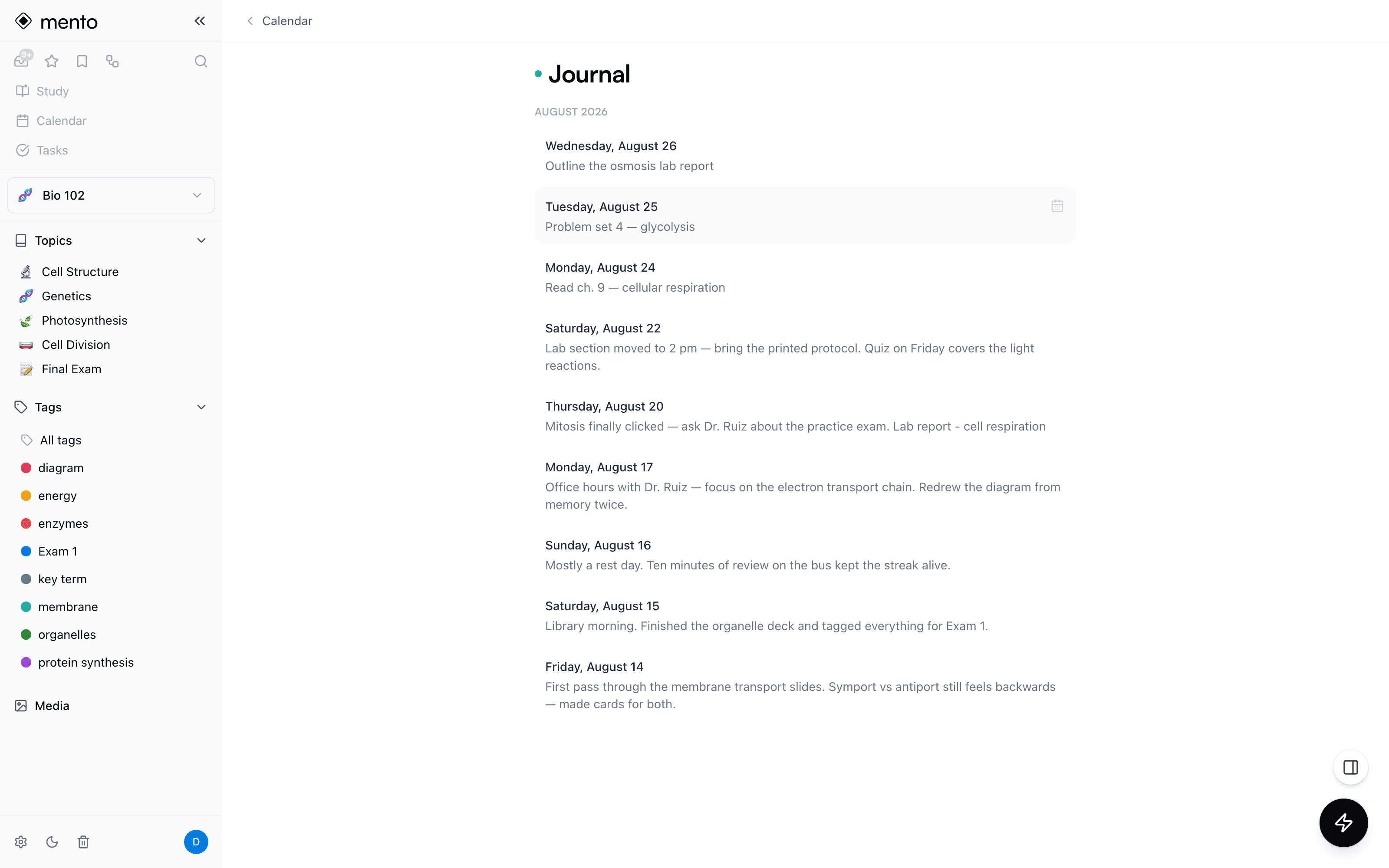 The Journal in Mento — daily notes collected in one reverse-chronological stream, grouped by month