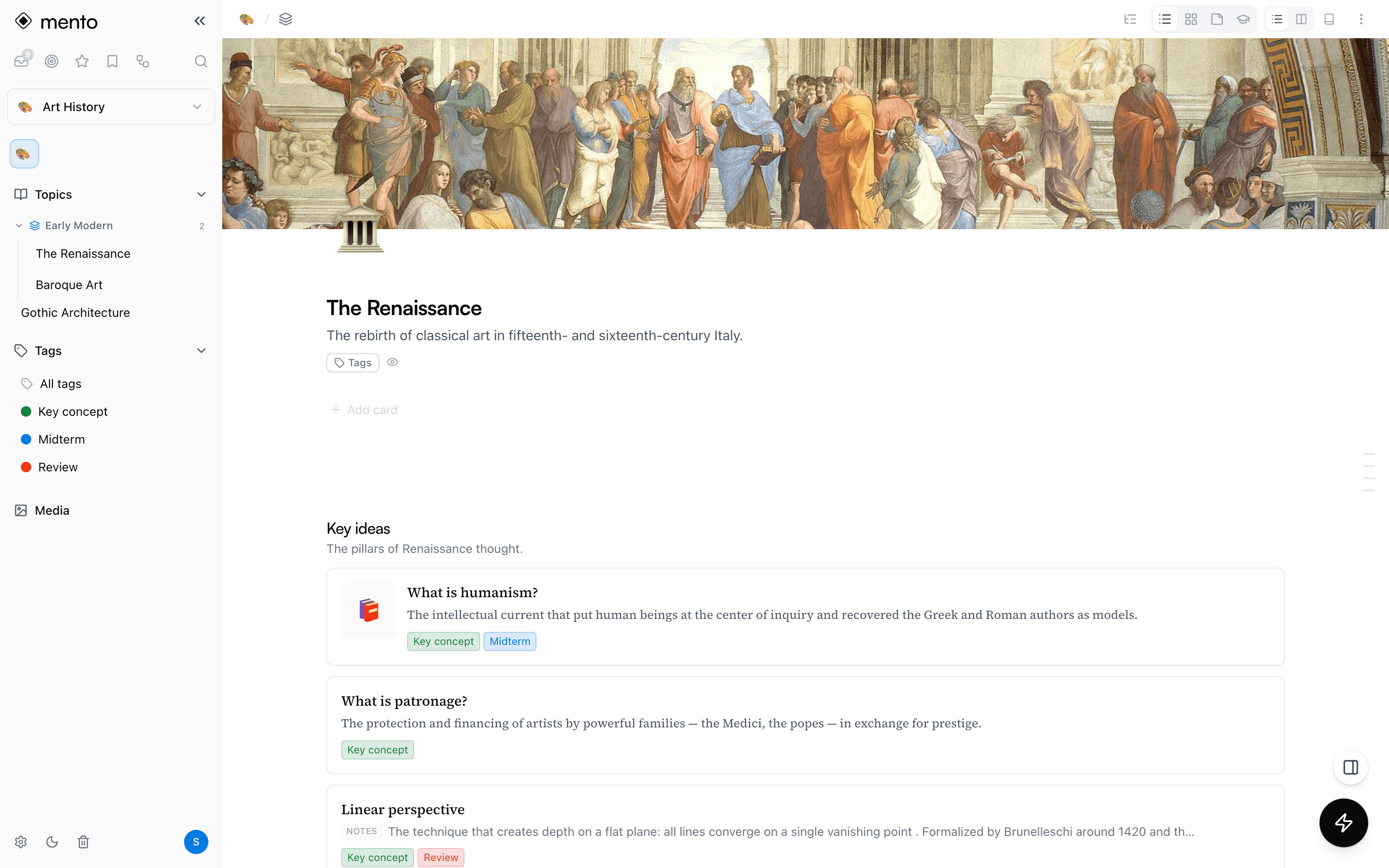 A topic about the Renaissance open in Mento, with cover image, sidebar hierarchy and tagged study cards