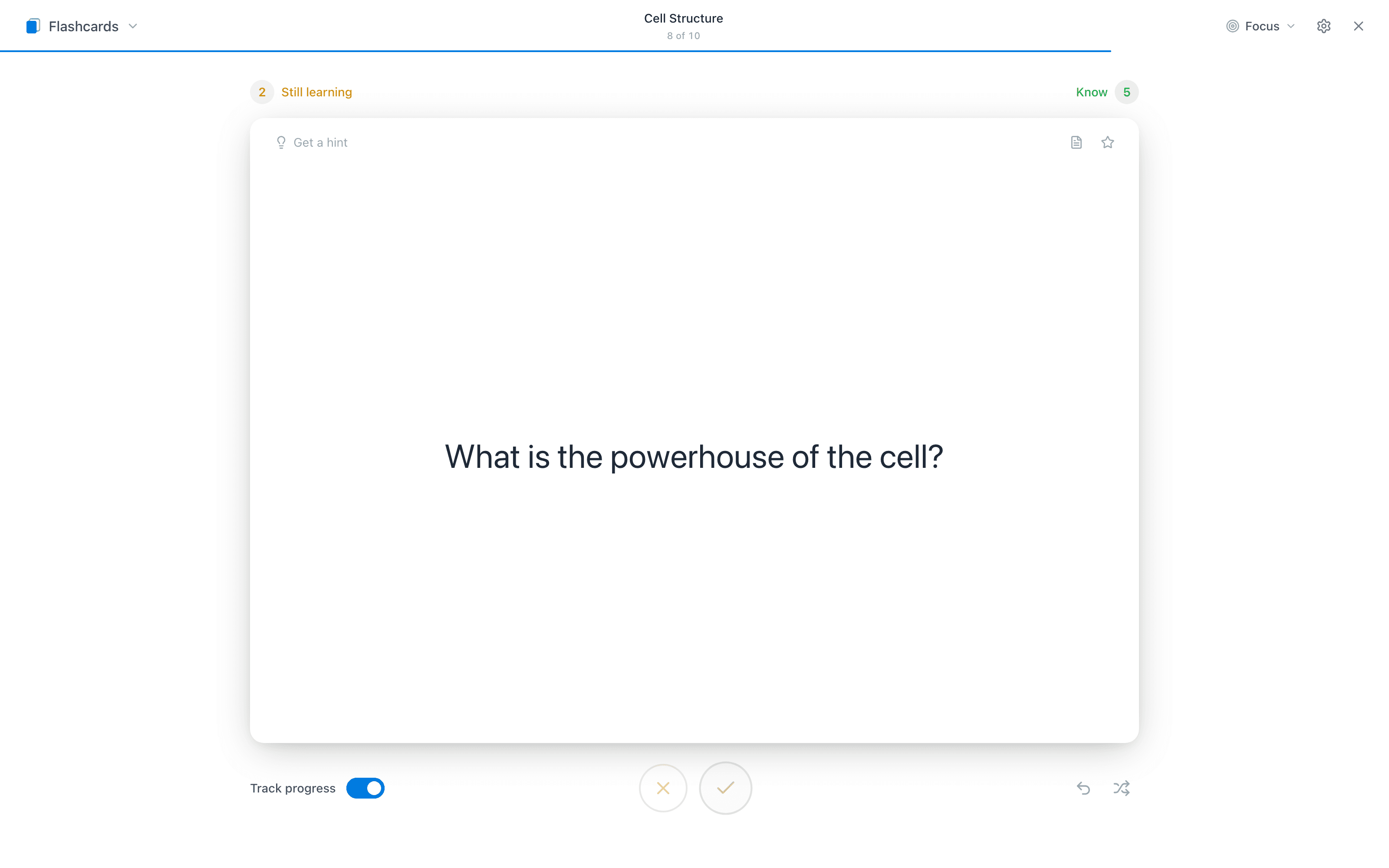 A flashcard review session mid-progress in Mento, asking what the powerhouse of the cell is, with know / still-learning counts and session progress