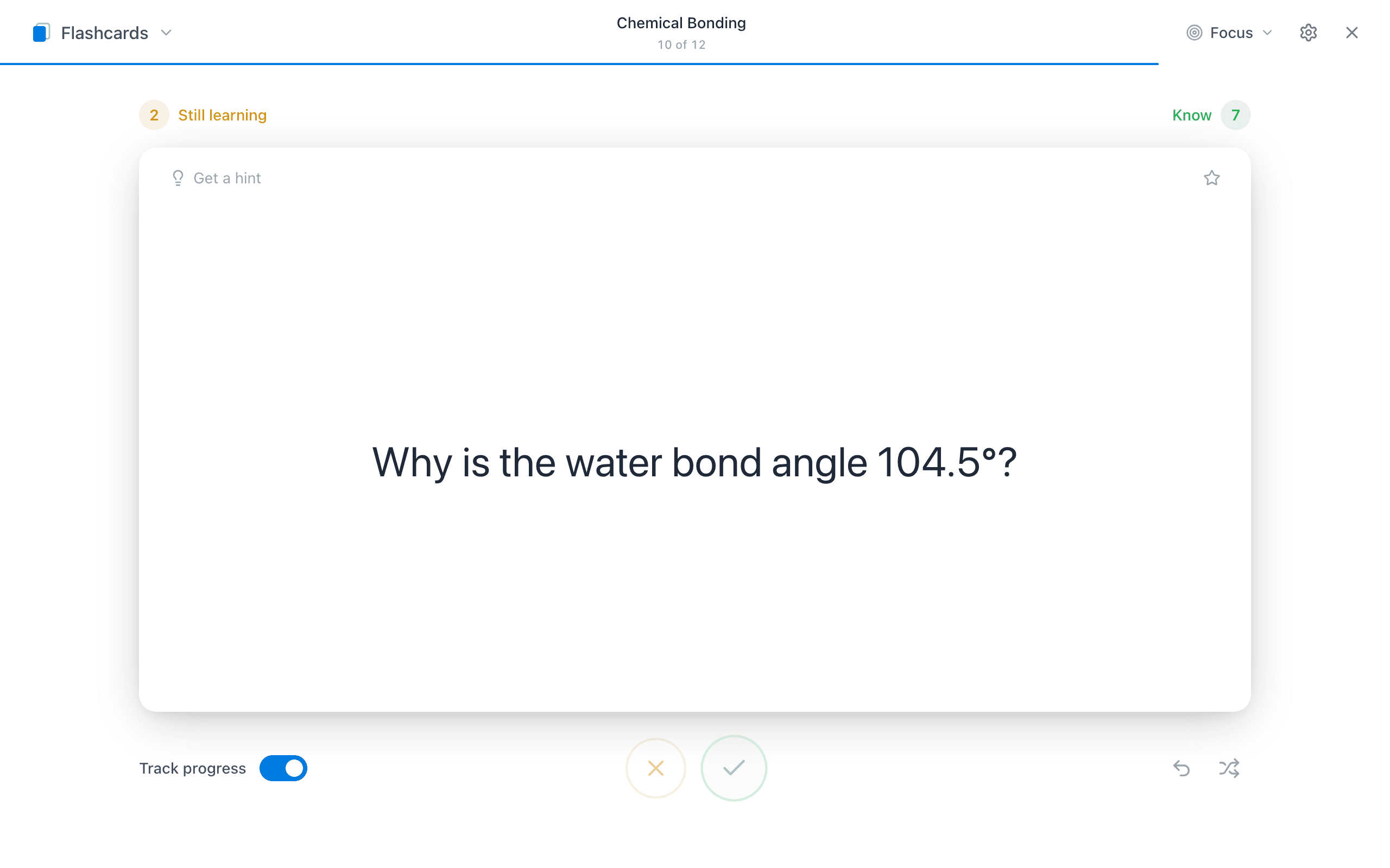 A flashcard review session mid-progress in Mento, showing a question card, know / still-learning counts and session progress
