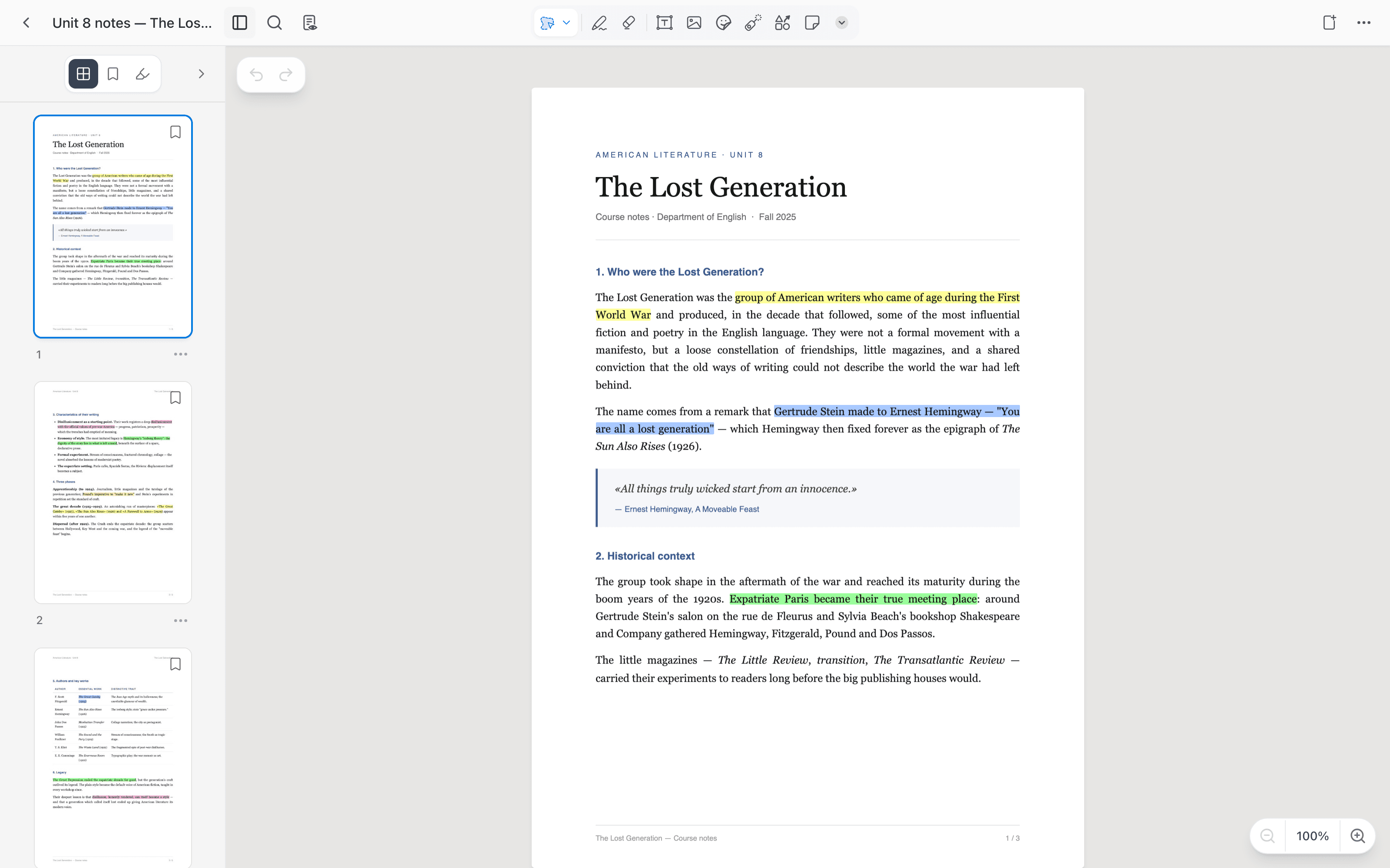 A study PDF open in Mento's reader with multi-color text highlights and page thumbnails
