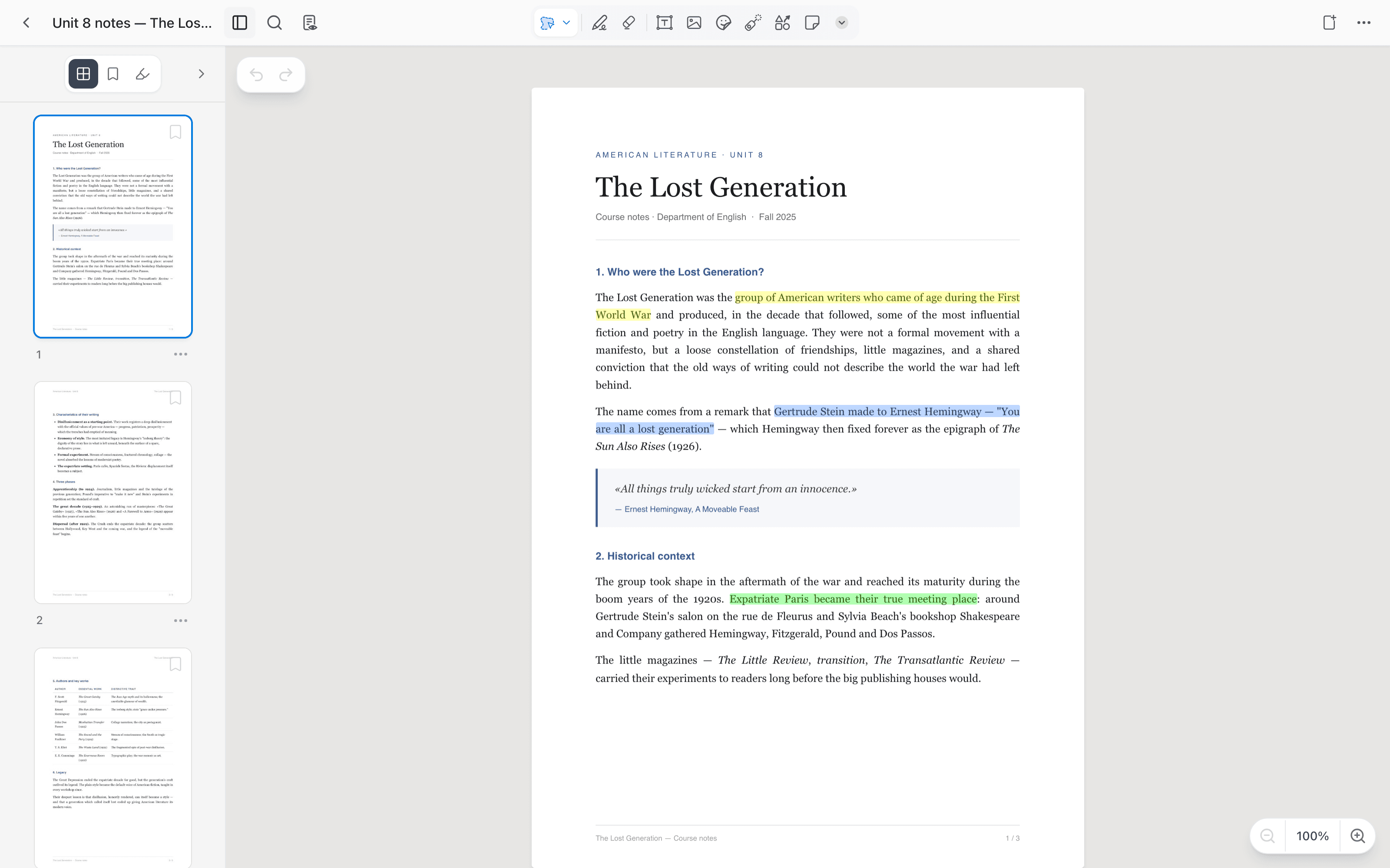 A study PDF open in Mento's reader with multi-color text highlights and page thumbnails