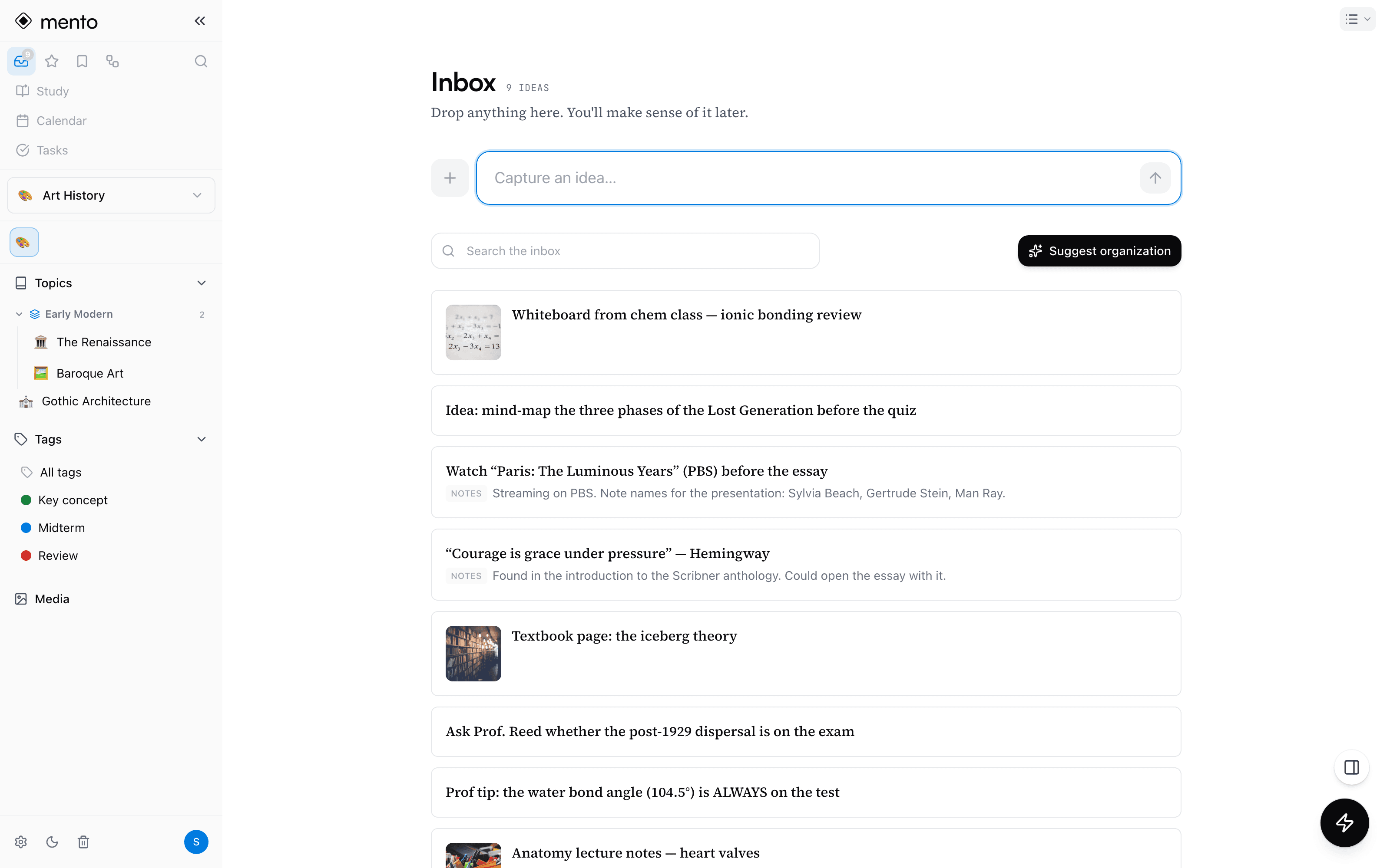 Mento's inbox holding a week of mixed captures: photos, quotes, links and quick notes