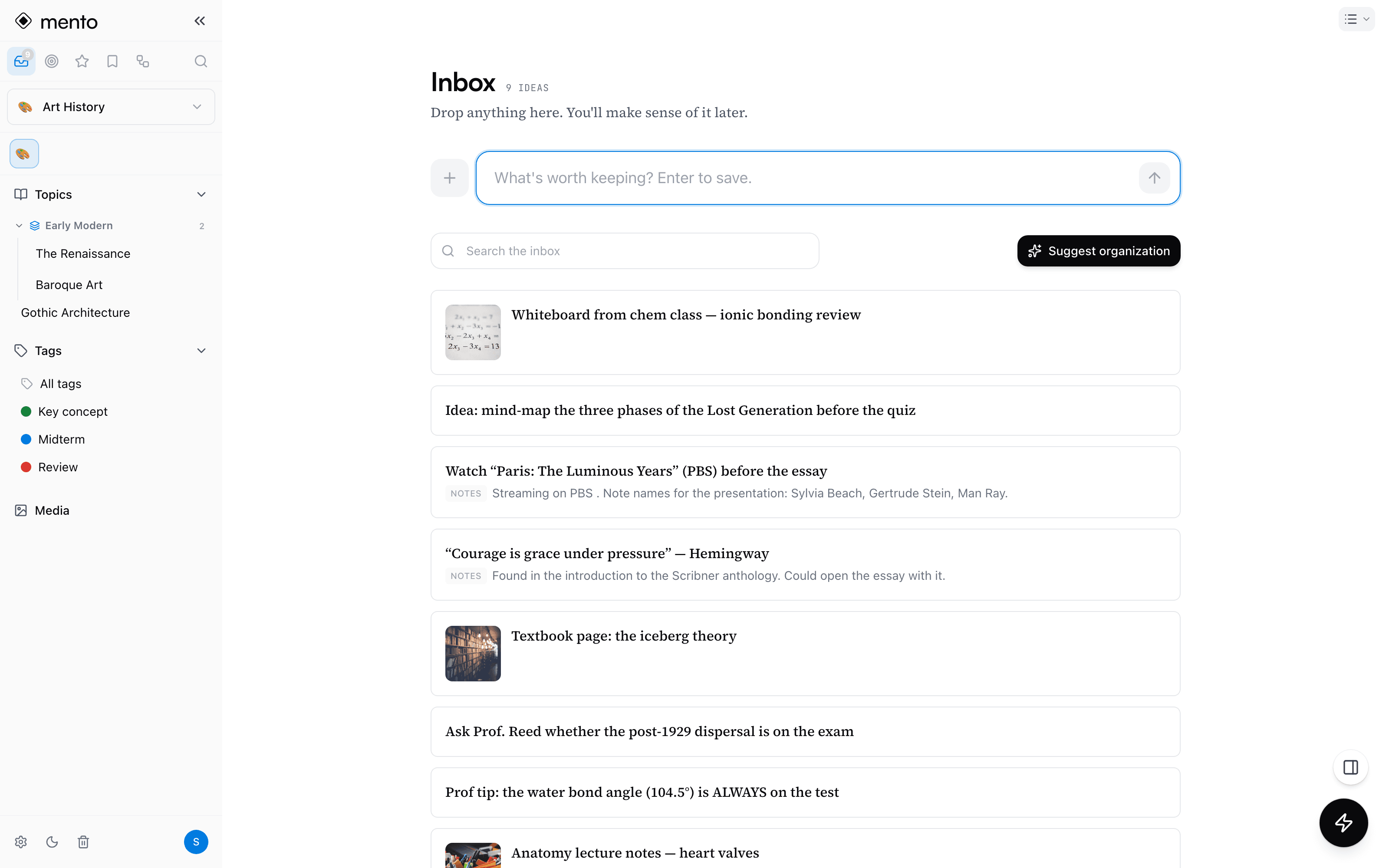Mento's inbox holding a week of mixed captures: photos, quotes, links and quick notes