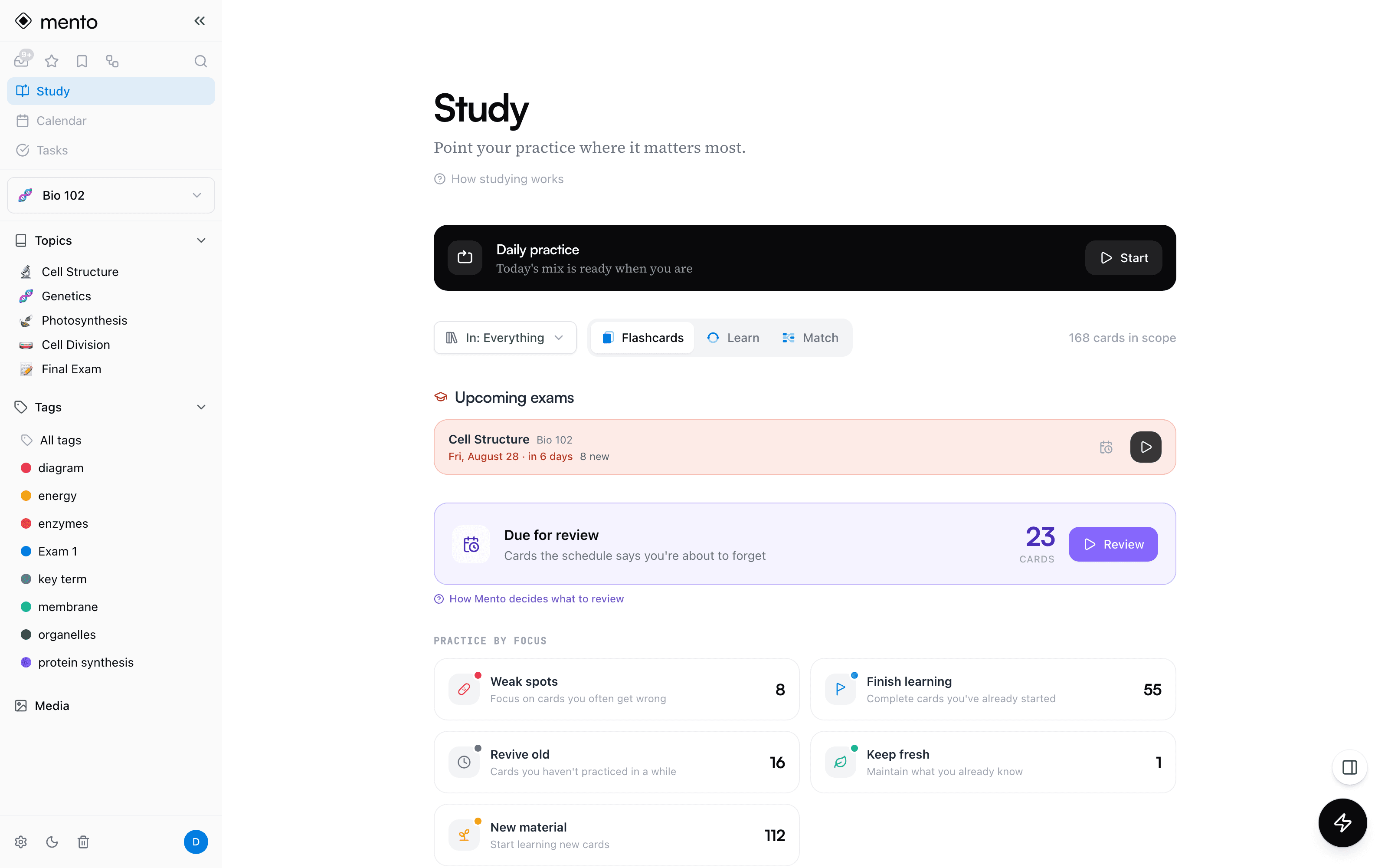 The Mento Study hub showing today's daily practice, an upcoming exam with readiness, reviews due today, and focused practice lenses