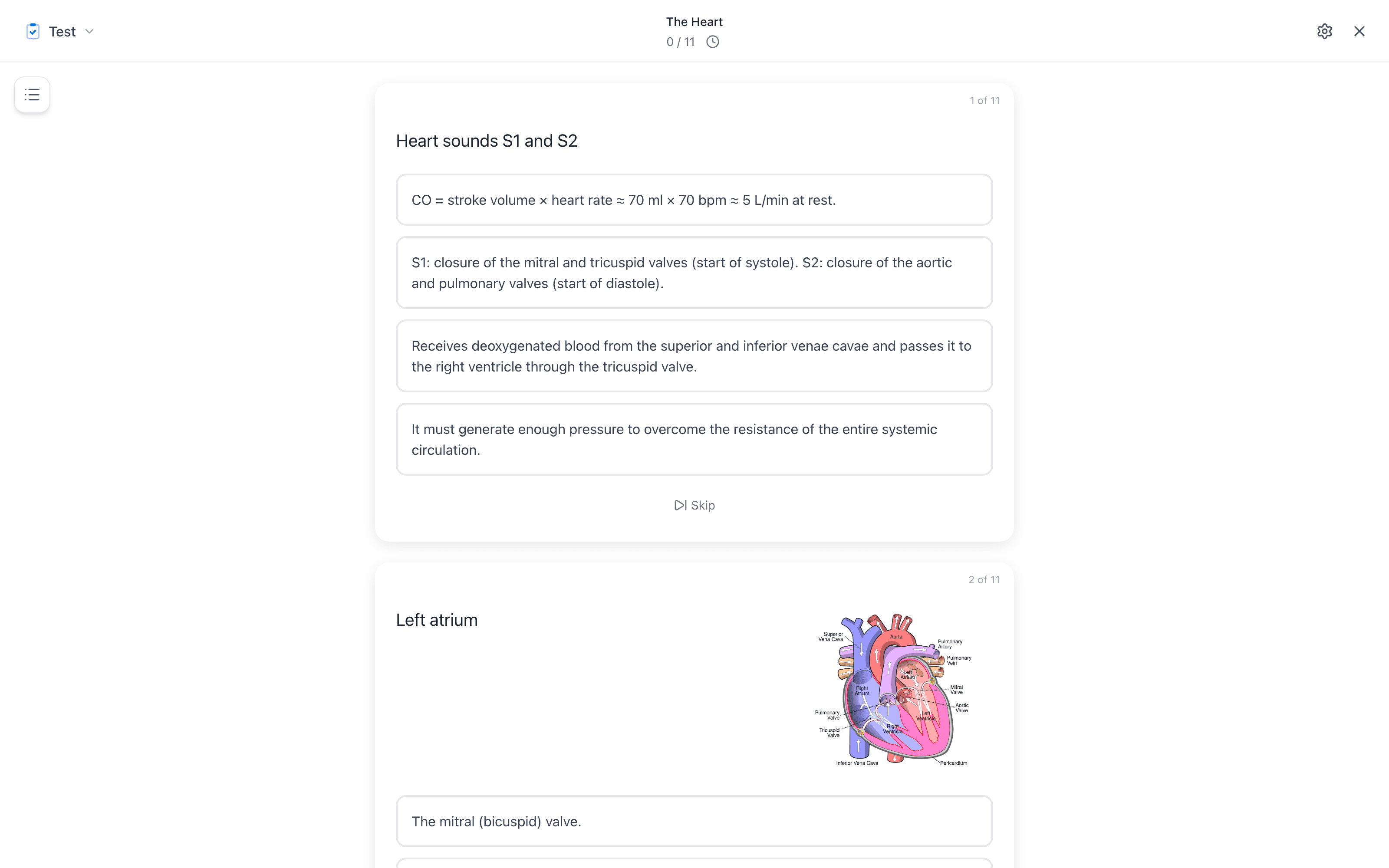 A test session in Mento with a multiple-choice anatomy question and its answer options