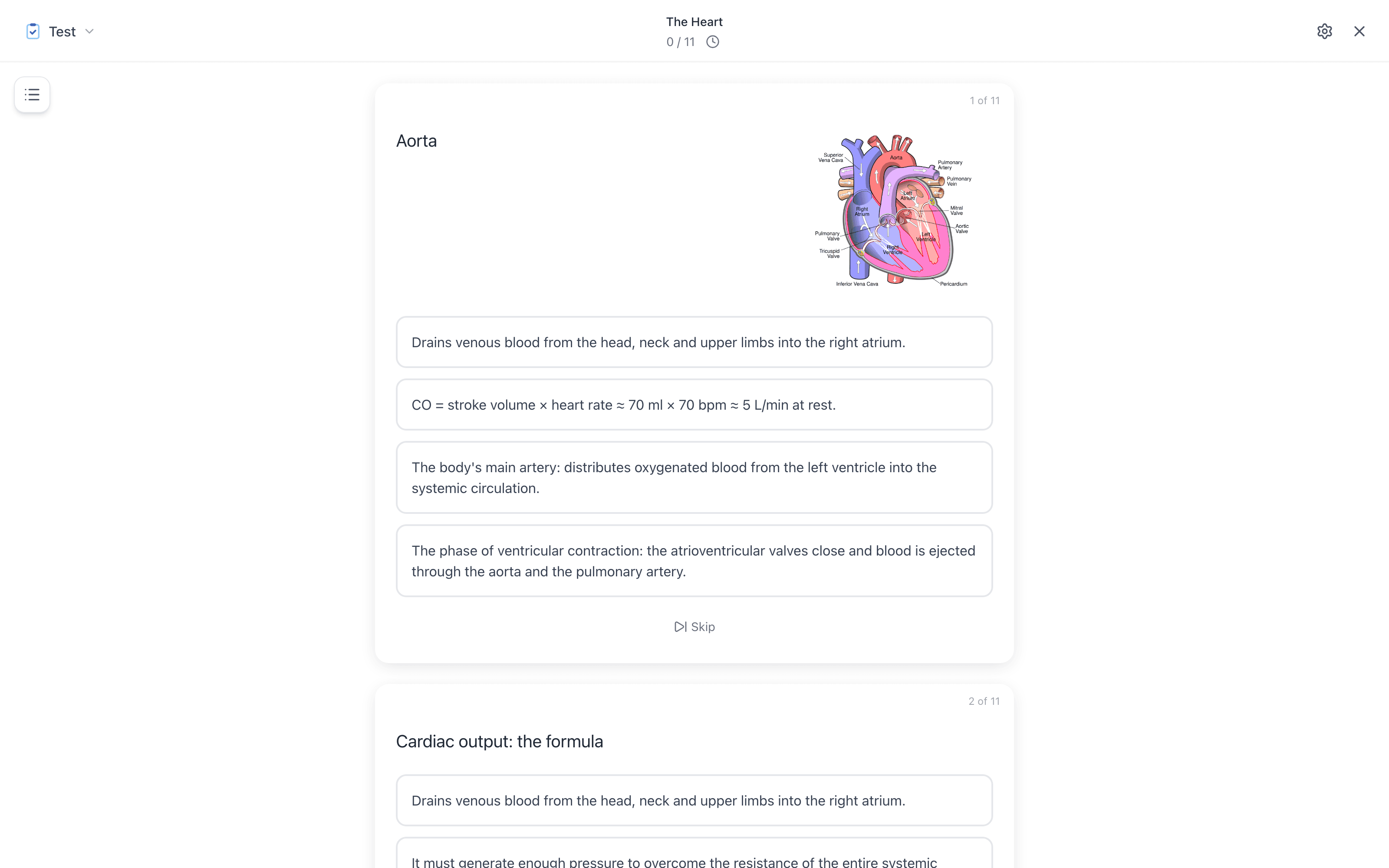 A test session in Mento with a multiple-choice anatomy question and its answer options