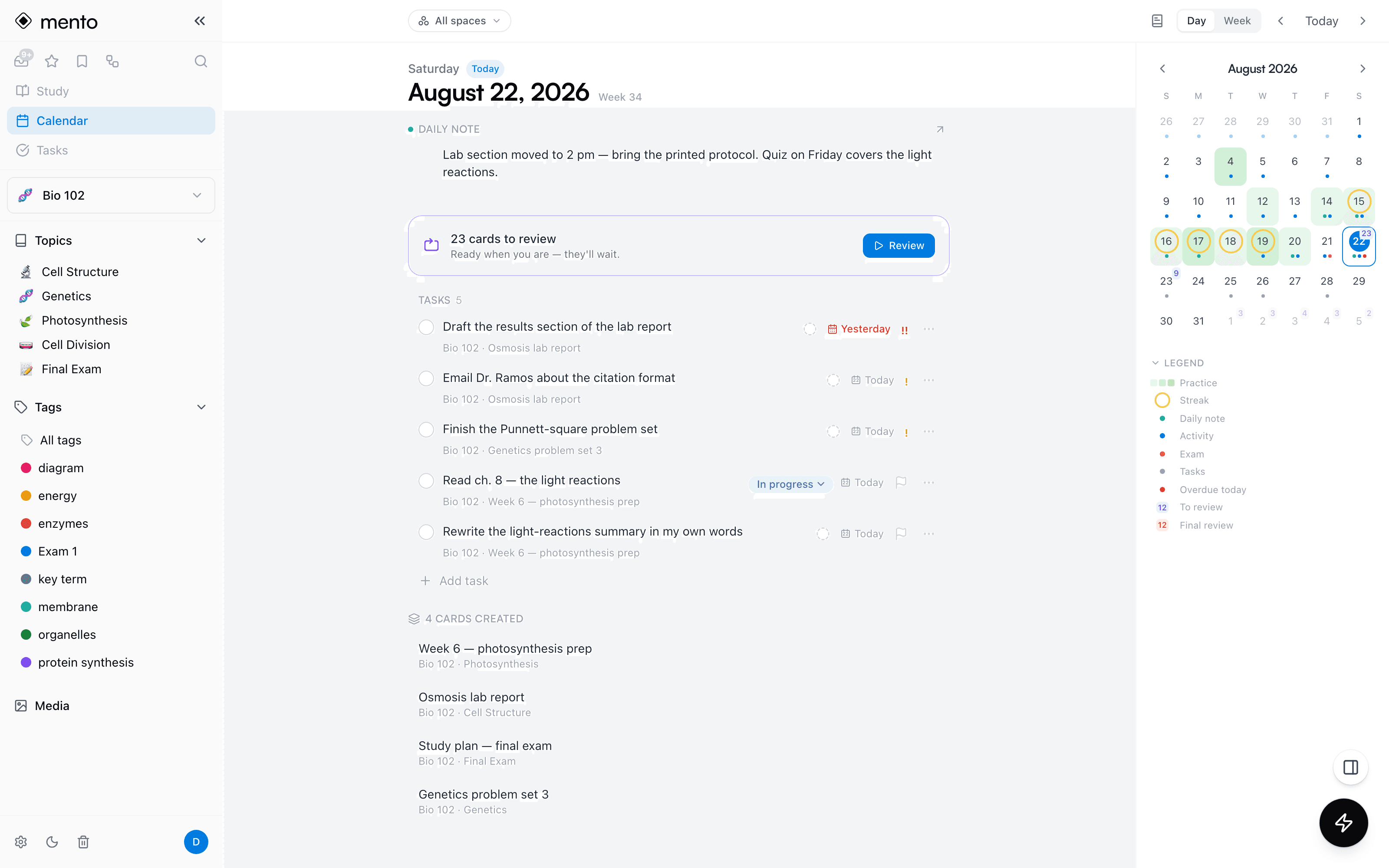 The Mento calendar day view: a daily note, a violet cards-to-review block, the day's tasks, cards created that day, and a month rail with practice heatmap and streaks