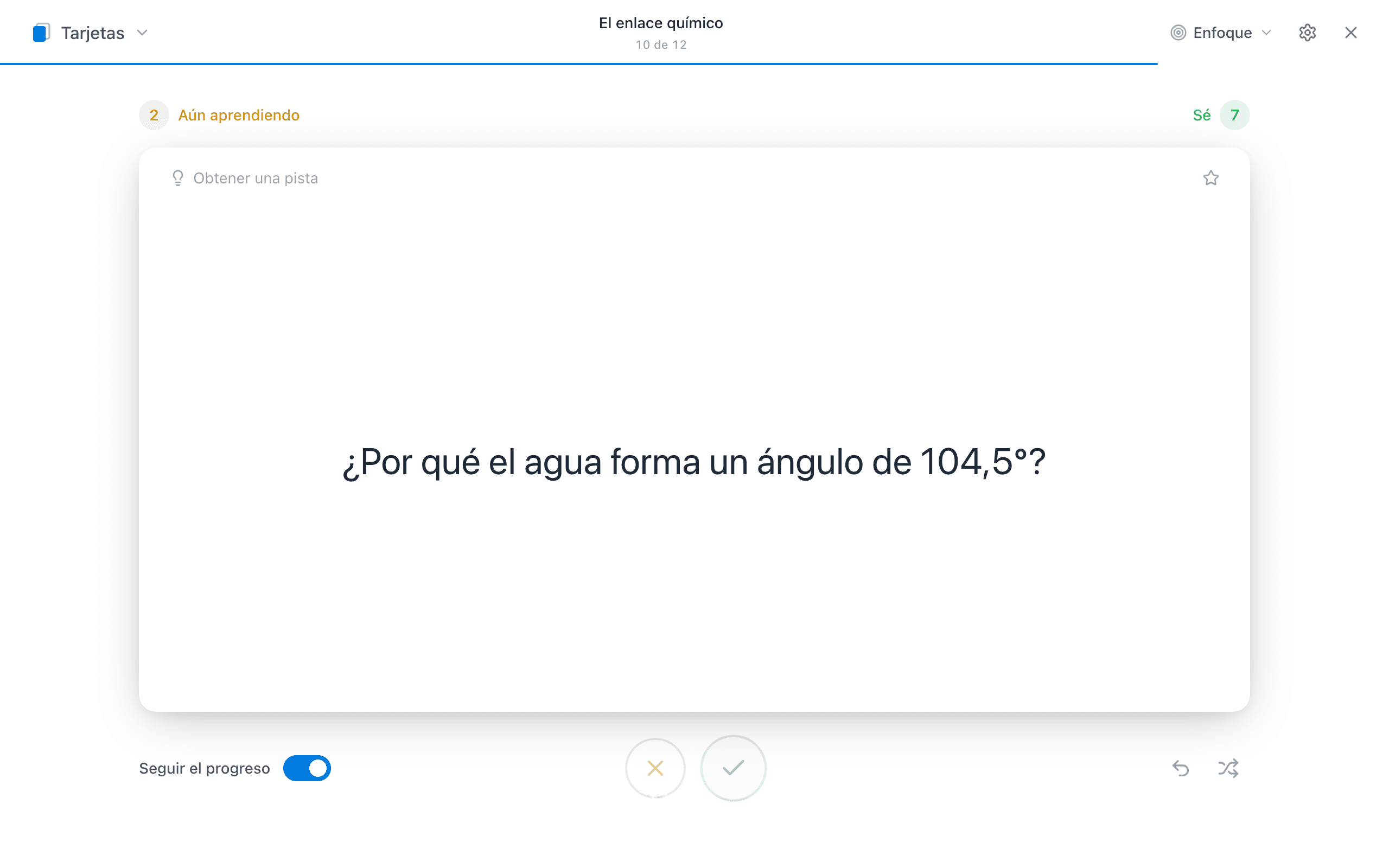 A flashcard review session mid-progress in Mento, showing a question card, know / still-learning counts and session progress