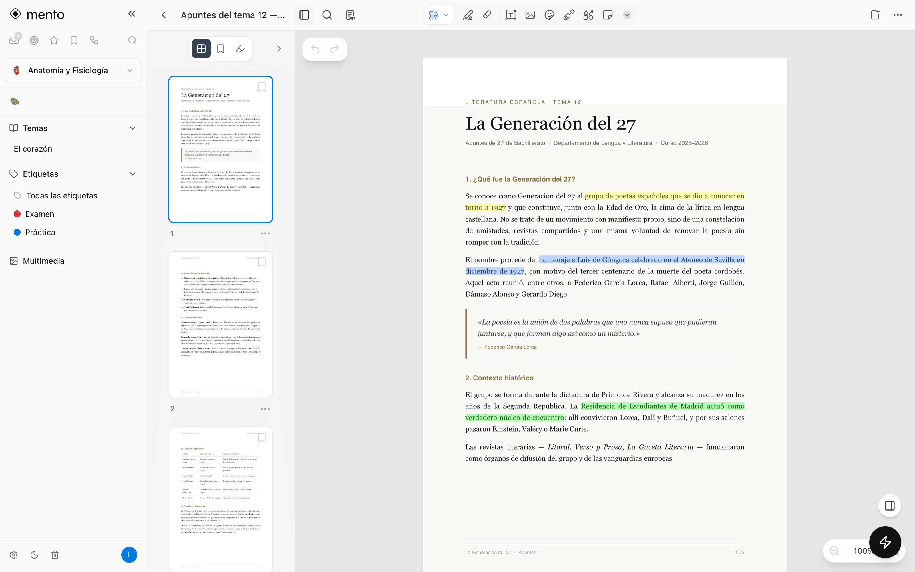 A study PDF open in Mento's reader with multi-color text highlights and page thumbnails