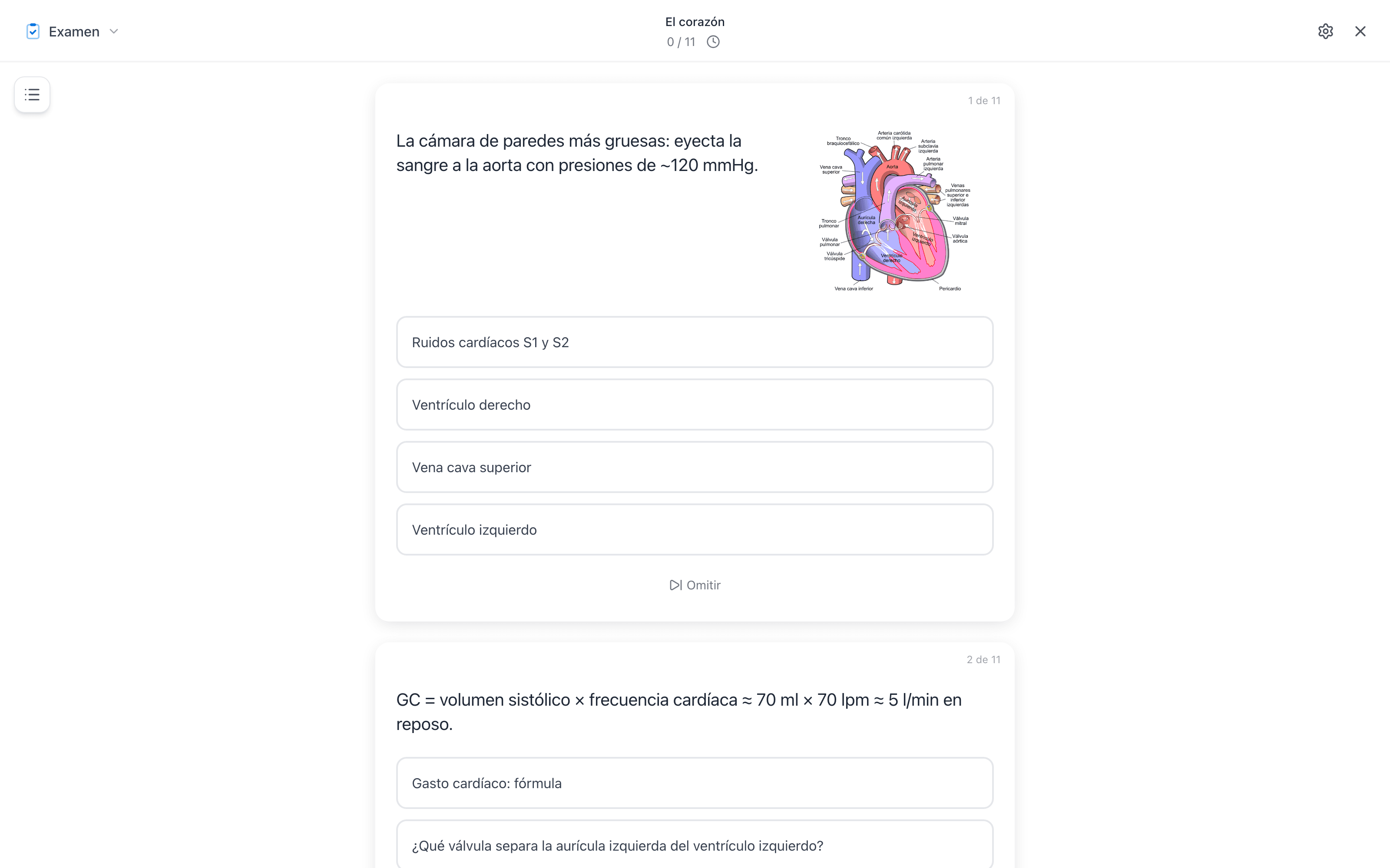 A test session in Mento with a multiple-choice anatomy question and its answer options
