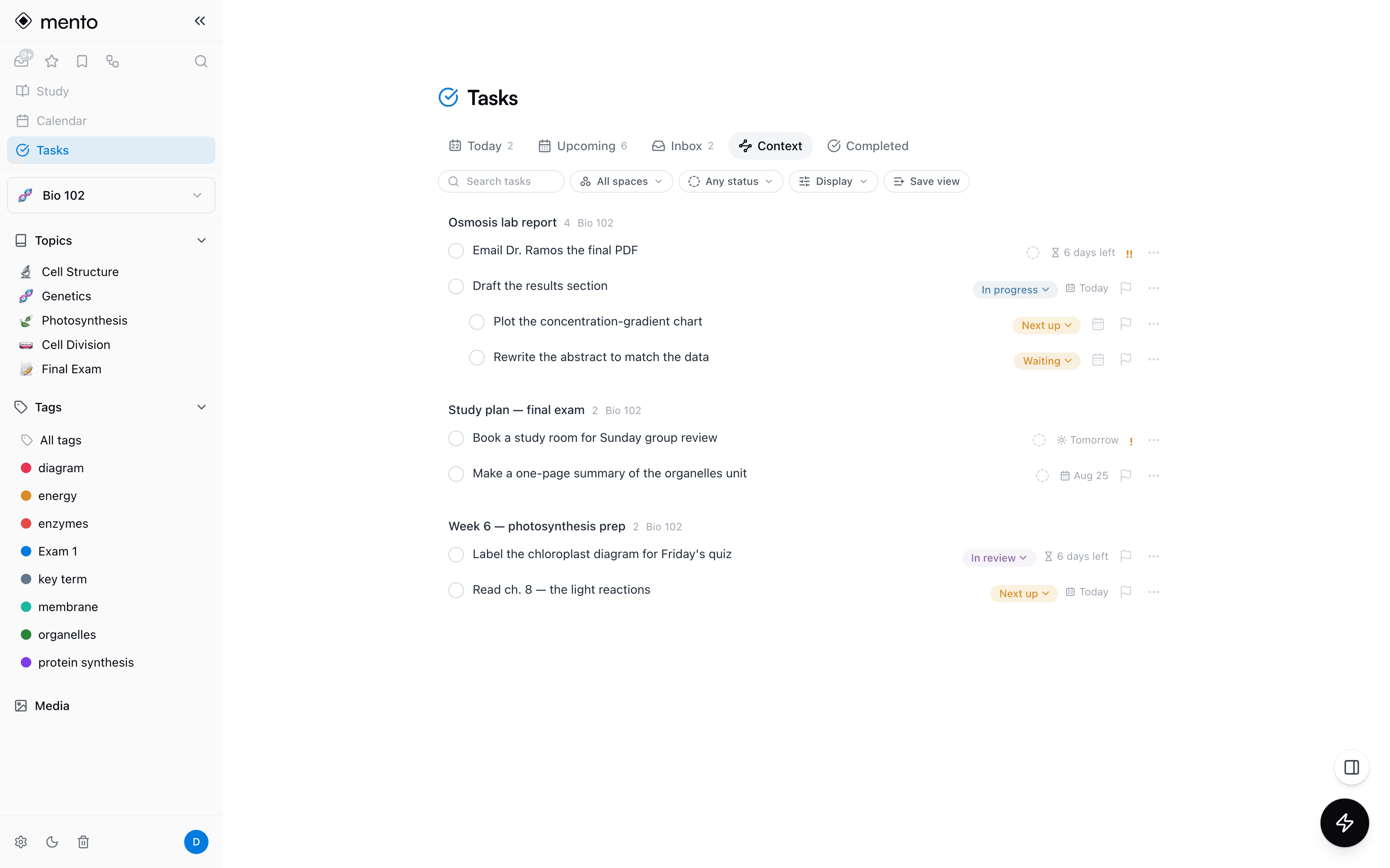 The Mento Tasks Context tab with tasks grouped under their source notes, subtasks indented under a parent task, and colored custom status pills like Next up, Waiting, and In review