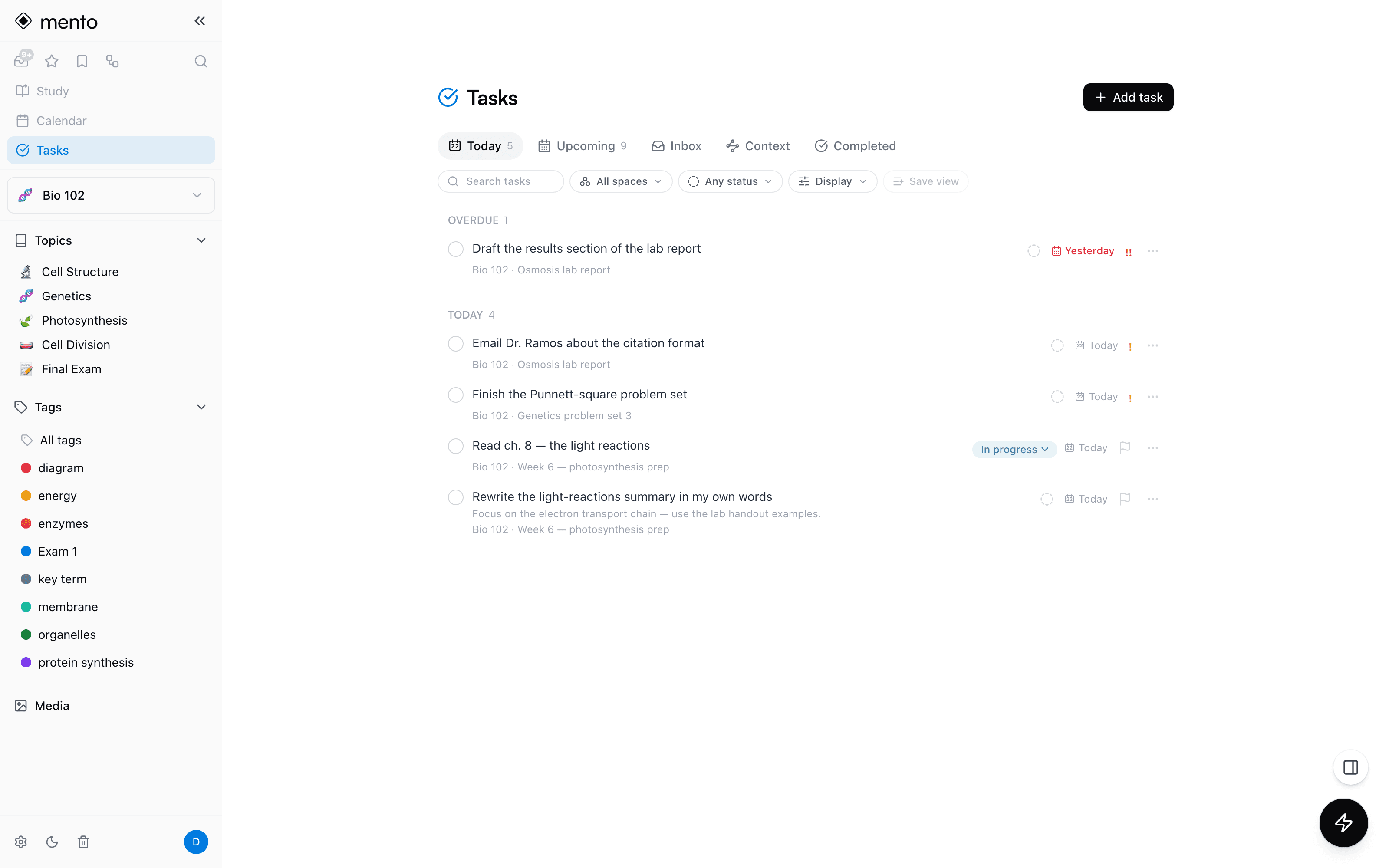 The Mento Tasks dashboard on the Today tab, with tasks from several notes showing status pills, dates, and priorities