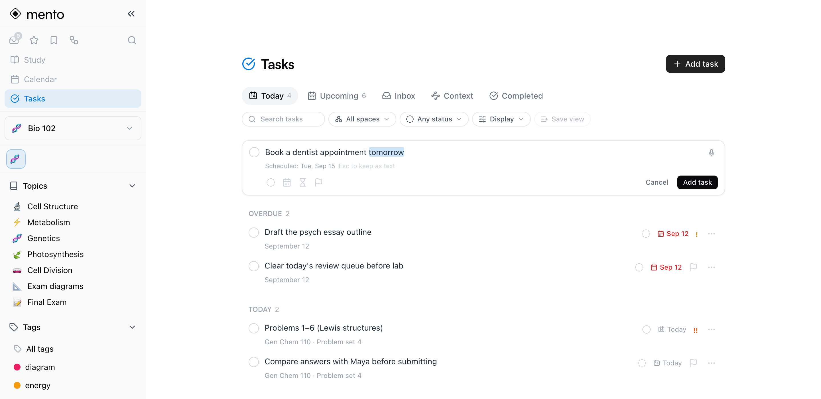 La page Tâches avec la saisie rapide ouverte — une tâche tapée, avec la date programmée déjà reprise du mot « tomorrow »