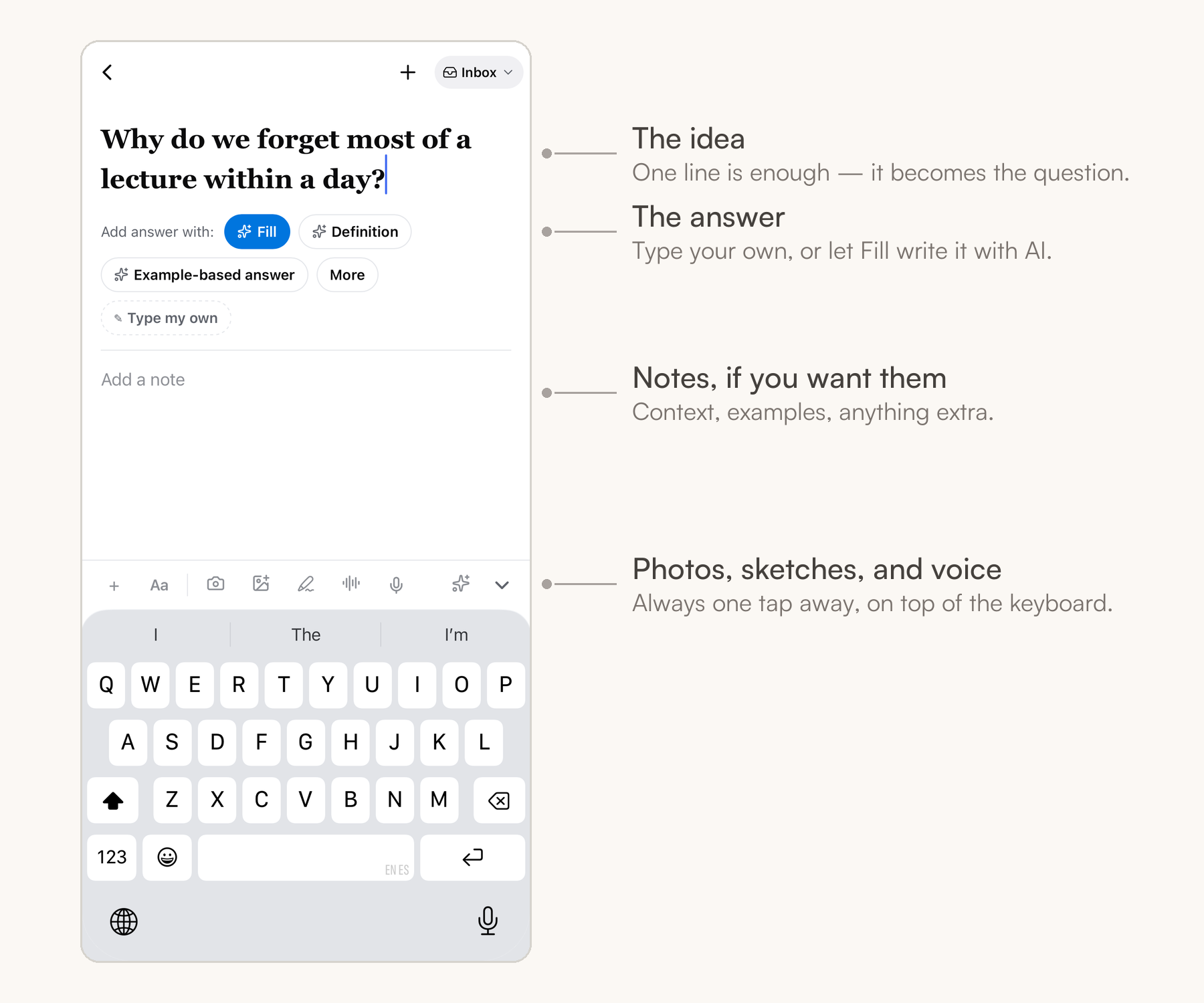 L’écran de capture sur téléphone, annoté — l’idée en haut, les pastilles de réponse en dessous, une zone de notes plus bas, et la rangée de médias posée sur le clavier