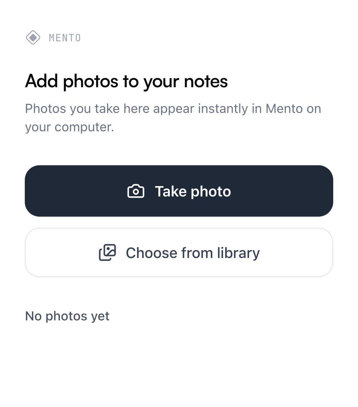 The page that opens on your phone, with Take photo and Choose from library buttons