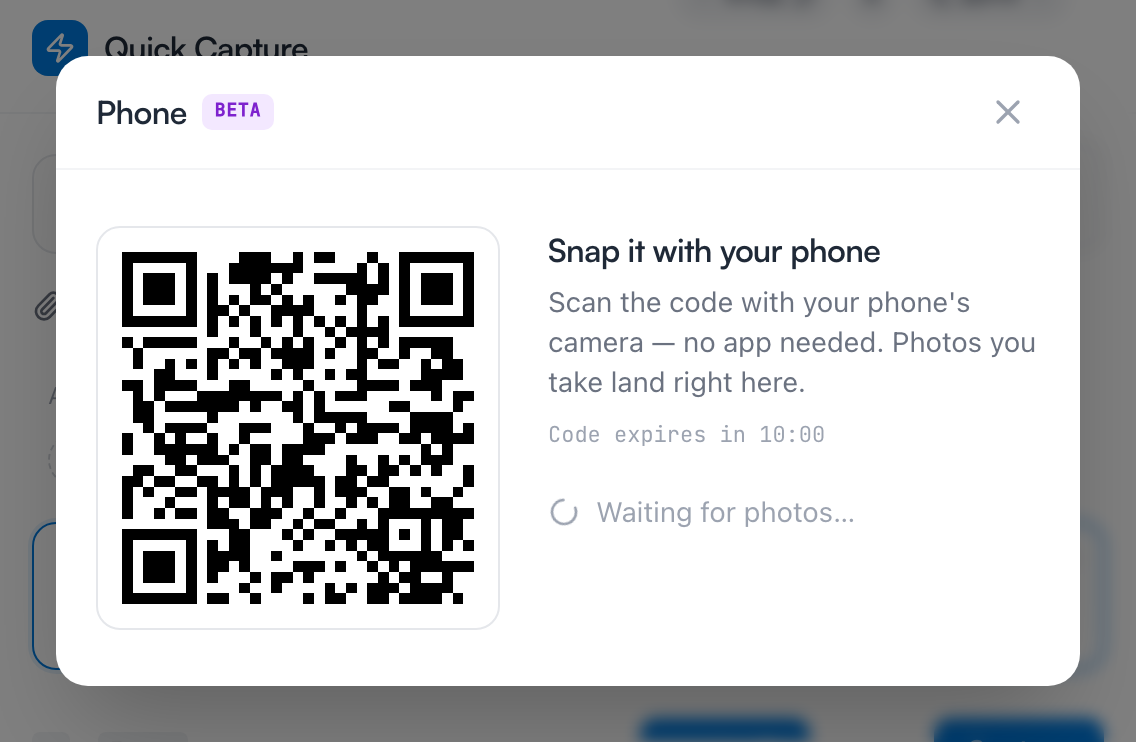 The Phone window open over a note, showing a QR code to scan and a "Waiting for photos…" status