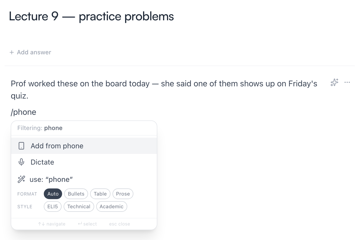 The middle of a note with /phone typed — the slash menu offers Add from phone