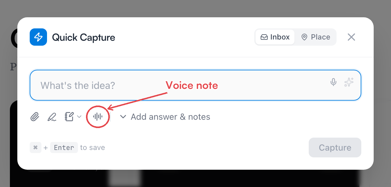 La fenêtre Capture rapide avec le bouton Note vocale entouré dans sa barre d’outils