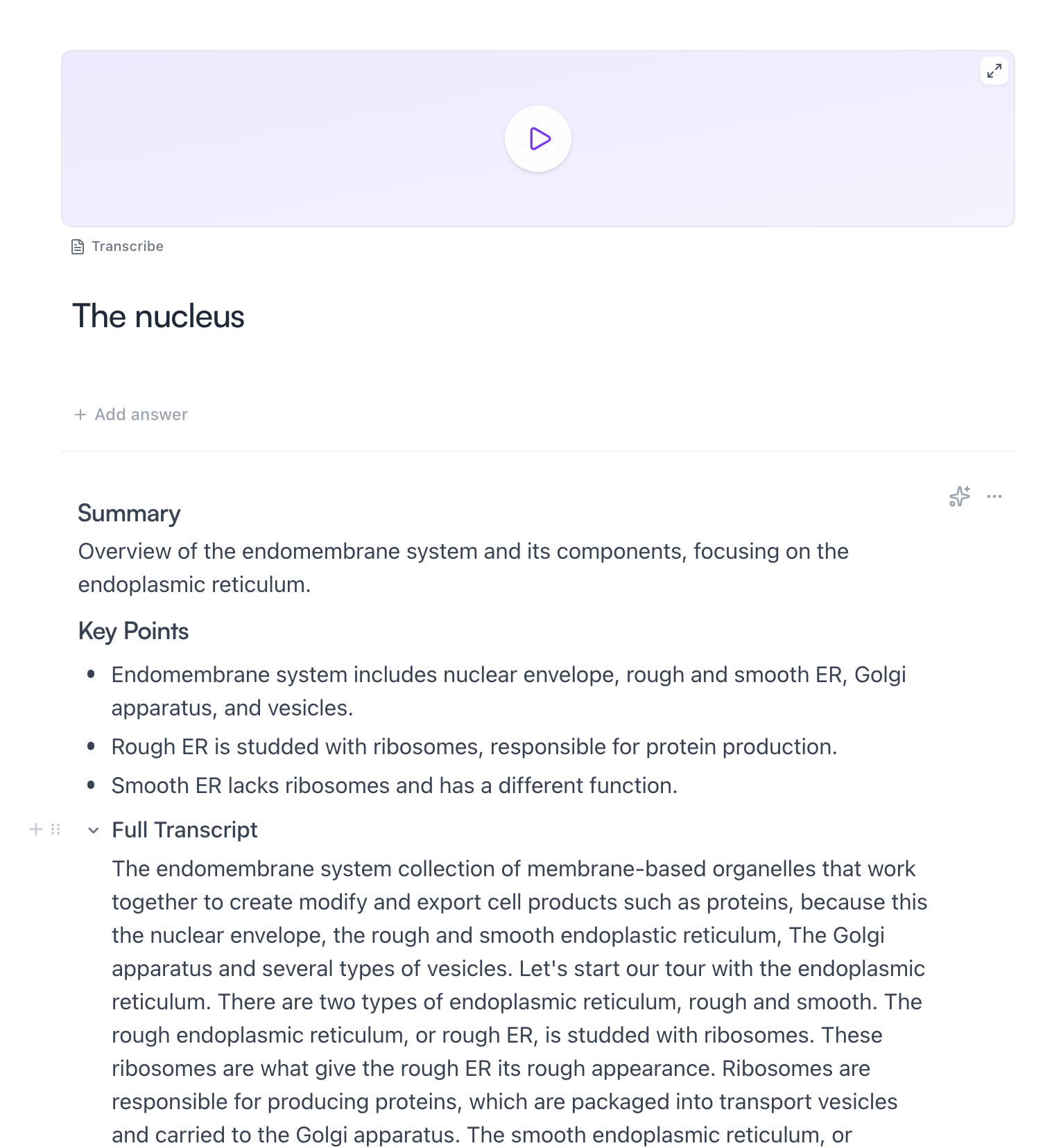 A recorded class as a card — the audio player on top, then the AI summary, key points, and the expanded transcript