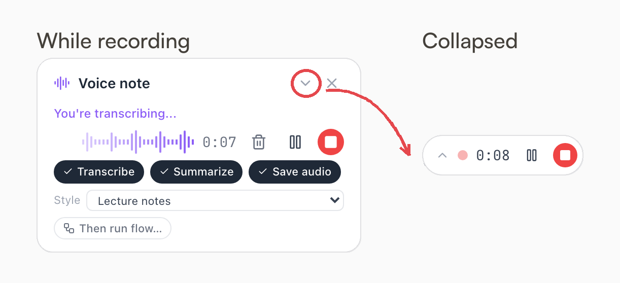 The recorder during a lecture, and the compact pill it collapses to