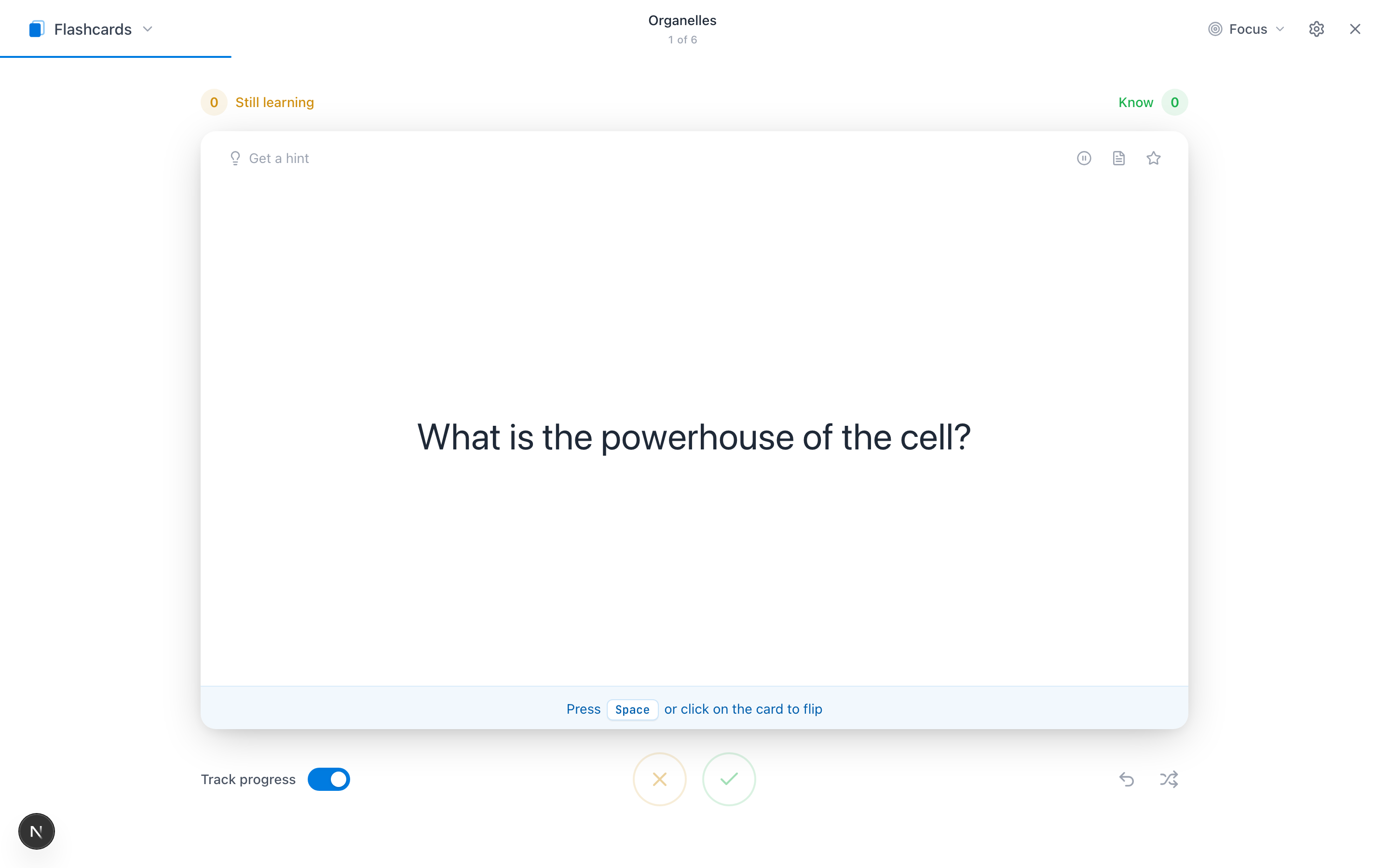 La même carte posée en session de flashcards — l’idée affichée comme question, prête à être retournée