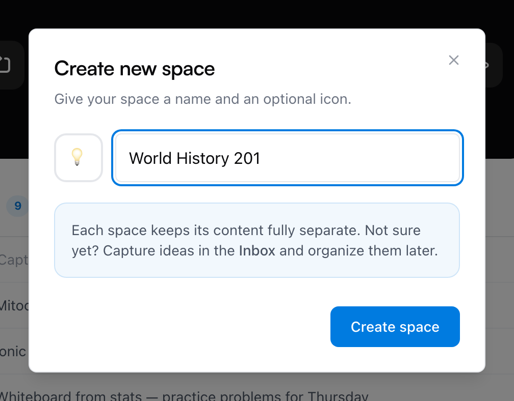 The Create new space dialog with an icon picker, a name typed in, and the Create space button