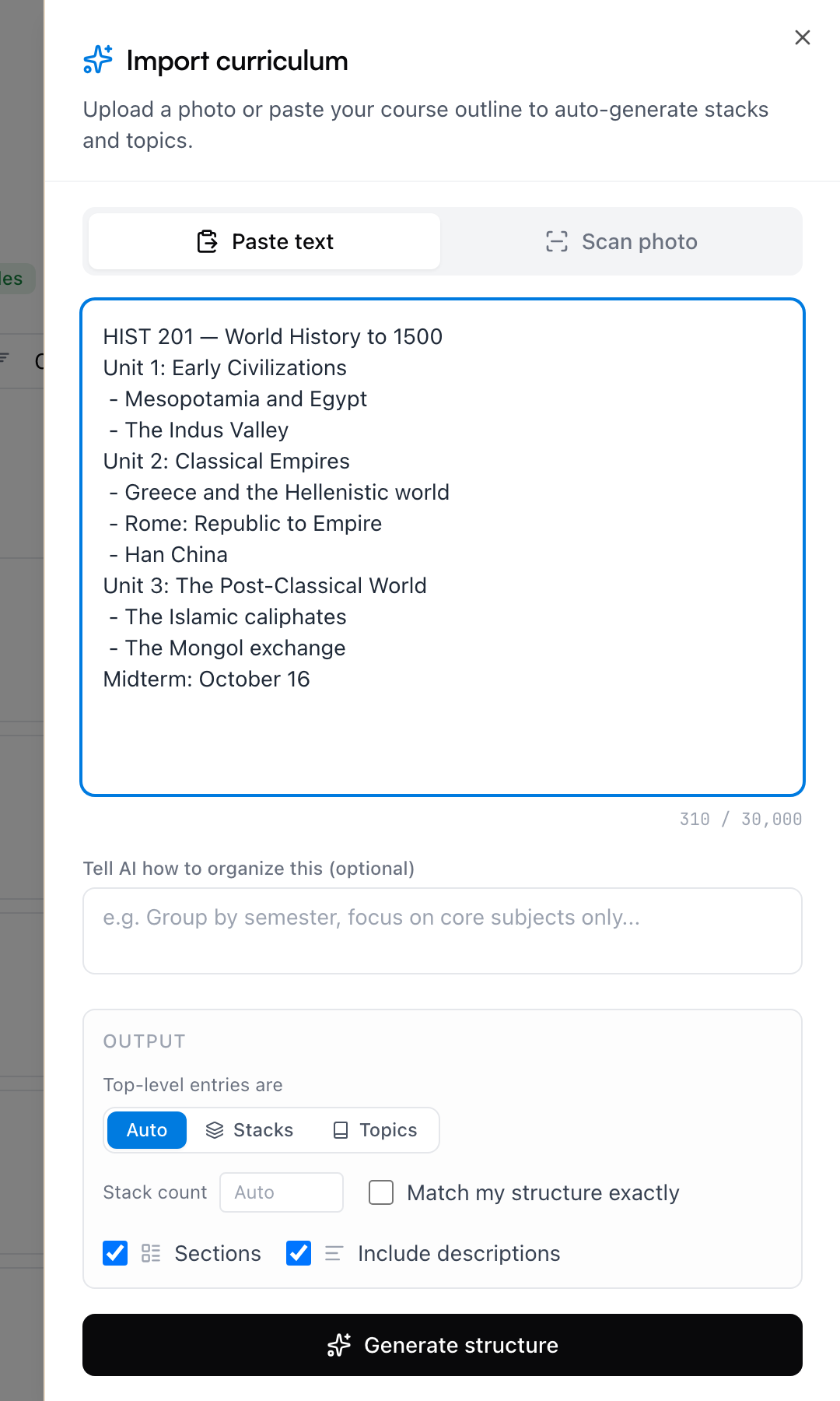 The Import curriculum drawer with a syllabus pasted into the Paste text tab, organization options below, and the Generate structure button