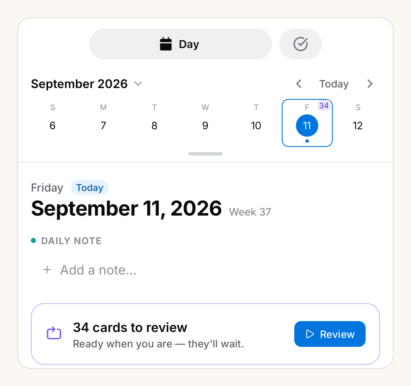 The Agenda day view — the week strip, the daily note, and a banner offering 34 cards to review