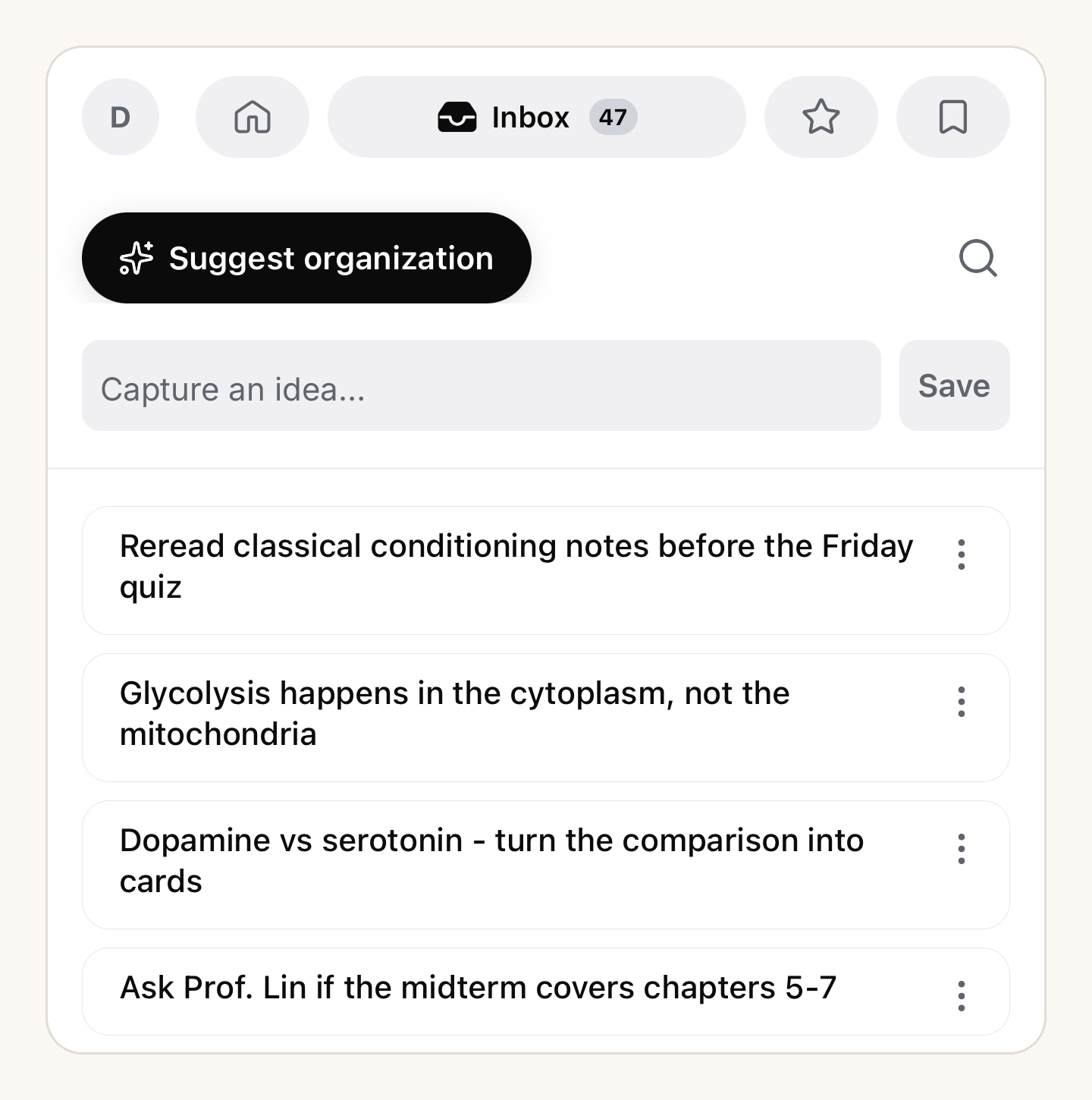 The Inbox on the phone — a composer at the top and a stack of freshly captured ideas