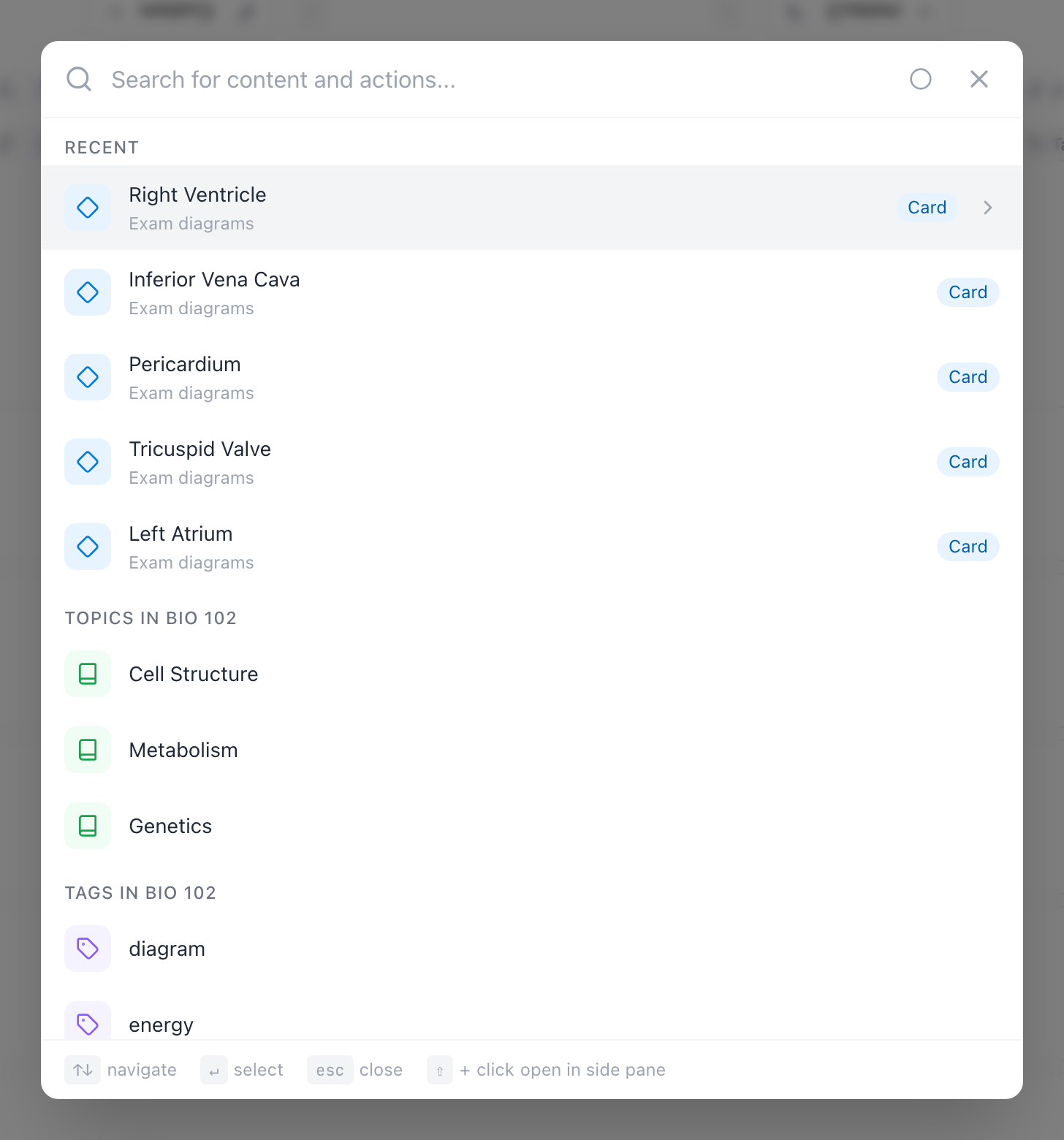 The search window before typing — a Recent group with the last cards you edited, then topics and tags from the current space