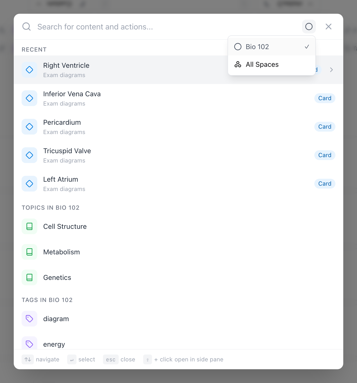 The scope menu open in search — the current space, Bio 102, checked with the single-circle mark, and All Spaces below it with the three-circle mark