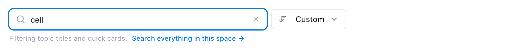 The space page's filter box with "cell" typed — under it, the note "Filtering topic titles and quick cards." and a Search everything in this space link