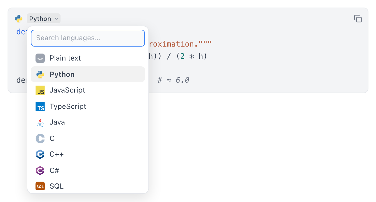 Ein Python-Codeblock in einer Notiz — Sprach-Badge und Kopier-Button in der Kopfzeile, darunter der Code mit Syntax-Highlighting, dazu die geöffnete Sprachauswahl