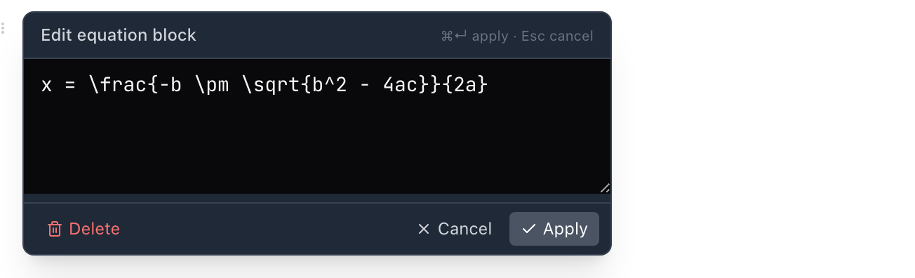 Der Formel-Editor über einem Formelblock geöffnet — der LaTeX-Quelltext in einem kleinen Bearbeitungs-Popover
