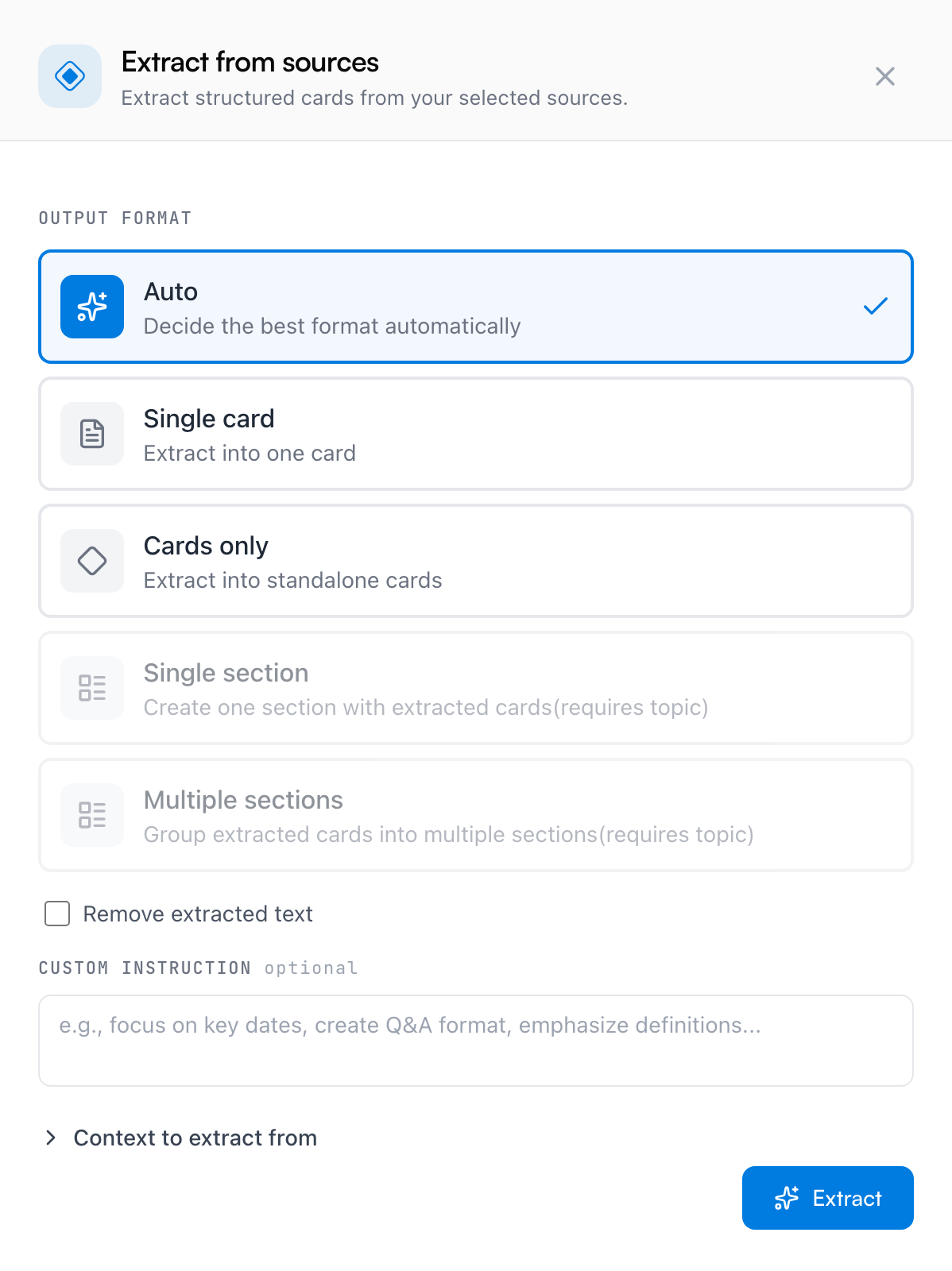Das Panel „Karten extrahieren“ über einer Notiz geöffnet — der markierte Text als Quelle geladen, die Auswahl des Ausgabeformats und die Option Extrahierten Text entfernen
