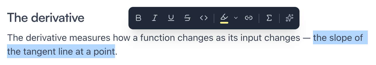 Die Auswahlleiste über einer markierten Wendung — Formatier-Buttons, Markierungsfarben, Link und der KI-Button