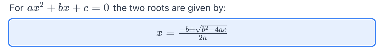 Eine Notiz, die eine Inline-Formel im Satz mit einem zentrierten Formelblock mischt — die Mitternachtsformel, aus LaTeX gerendert
