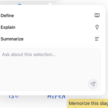 O menu Perguntar à IA em uma seleção: Definir, Explicar, Resumir e um campo de pergunta livre