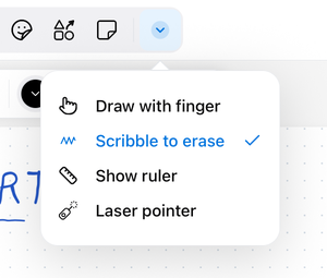 O menu Mais ferramentas: Desenhar com o dedo, Rabiscar para apagar, Mostrar régua, Ponteiro laser
