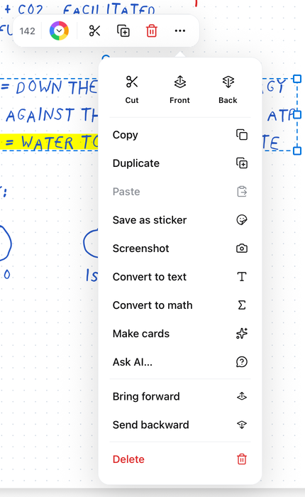 O menu da seleção: recortar, para a frente, para o fundo, copiar, duplicar, colar, salvar como adesivo, captura de tela, converter em texto, converter em matemática, criar cartões, perguntar à IA, avançar, recuar, excluir