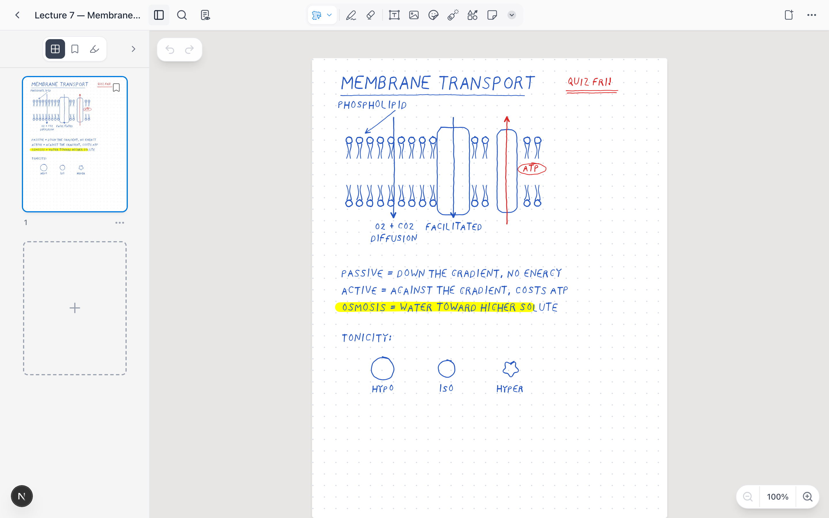 Uma página de caderno escrita à mão na web, com a barra de ferramentas acima e miniaturas das páginas na barra lateral
