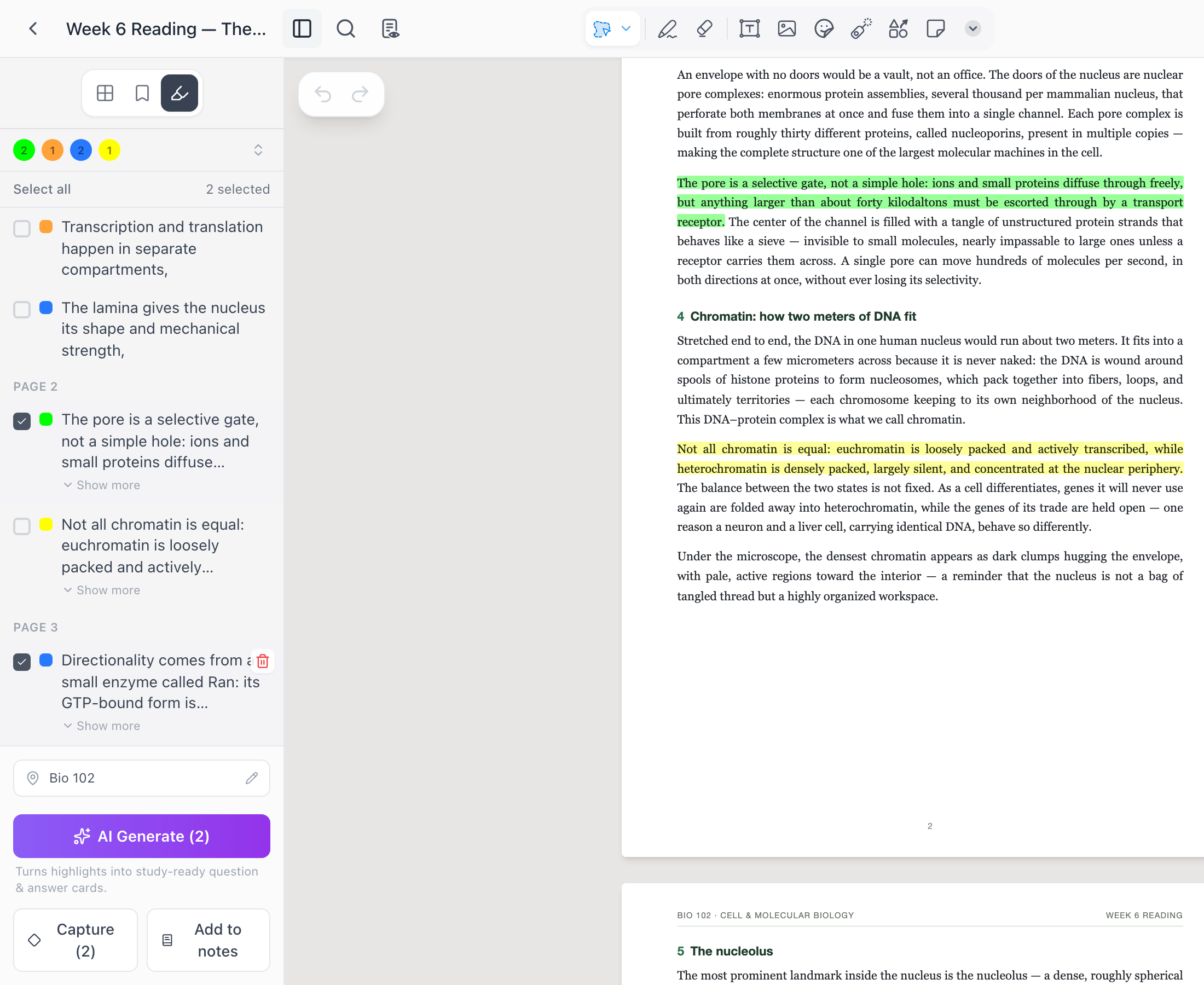 A aba Destaques com dois destaques selecionados e as ações Gerar com IA, Capturar e Adicionar às notas abaixo