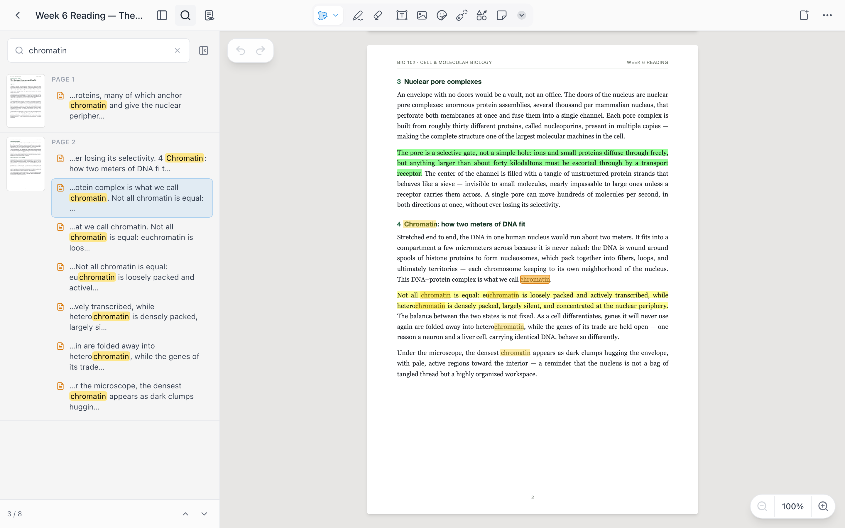Buscando “cromatina” em uma leitura: a barra lateral lista oito resultados agrupados por página, e a página aberta mostra cada ocorrência destacada