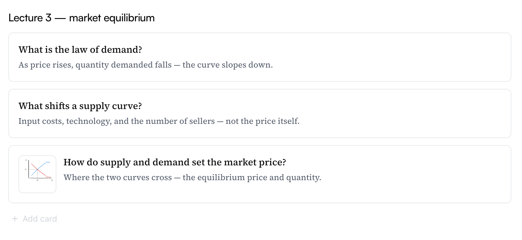 A topic section list where one card shows a hand-drawn supply-and-demand sketch as its thumbnail
