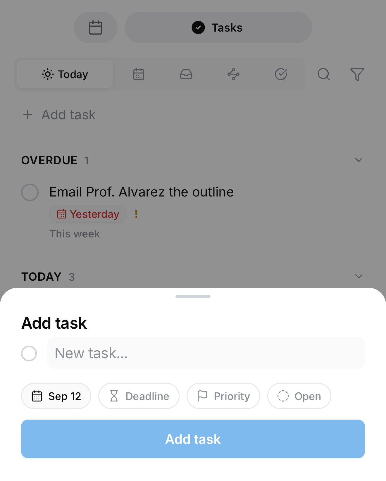 The add-task sheet on the phone — a New task field with chips for the scheduled date, deadline, priority, and status, over a dimmed Tasks view
