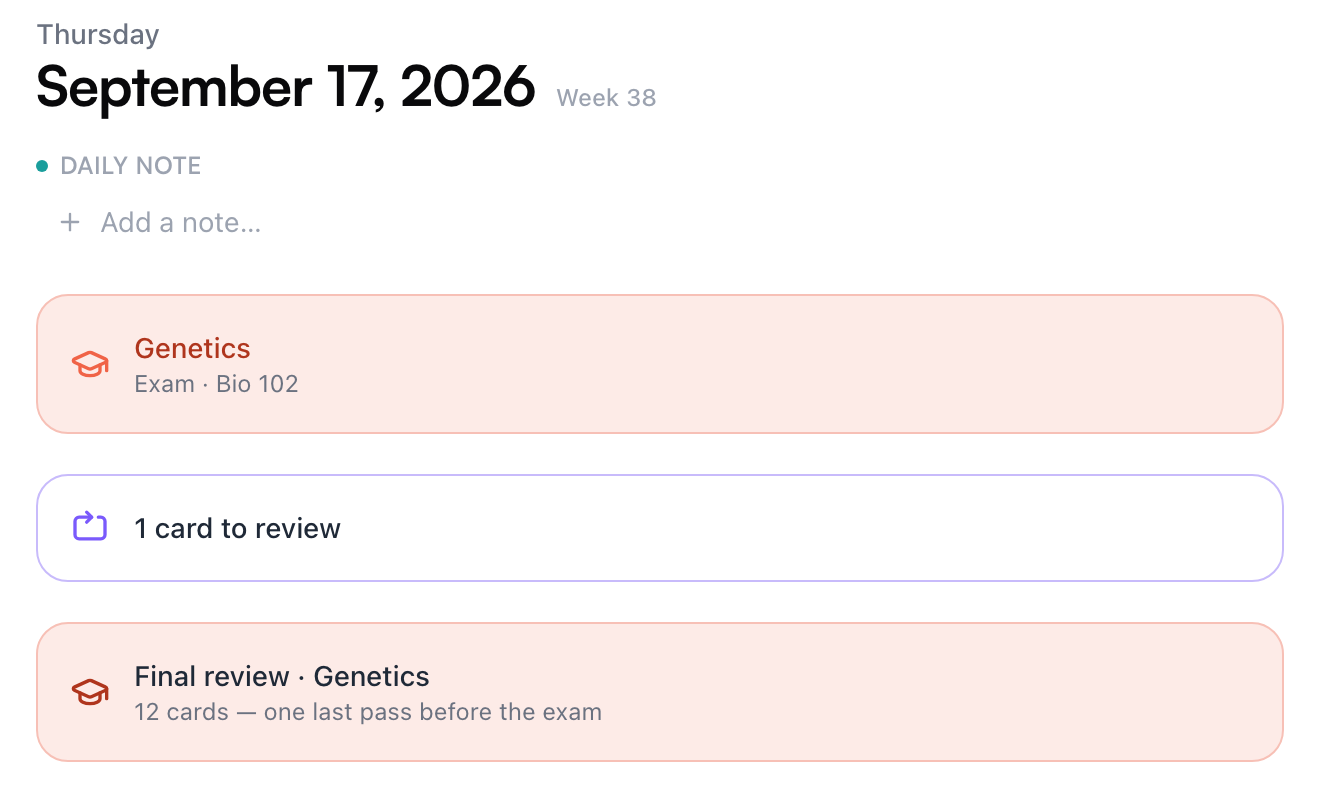 An exam day a week out — the coral Genetics exam banner, one card to review, and a final review of 12 cards before the exam