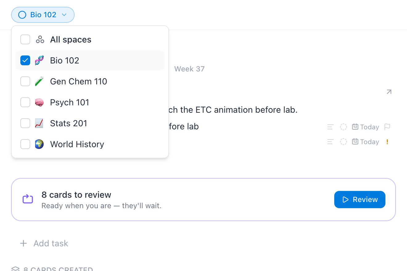The space filter open on the calendar — Bio 102 checked, with the day's review count and created cards narrowed to that course