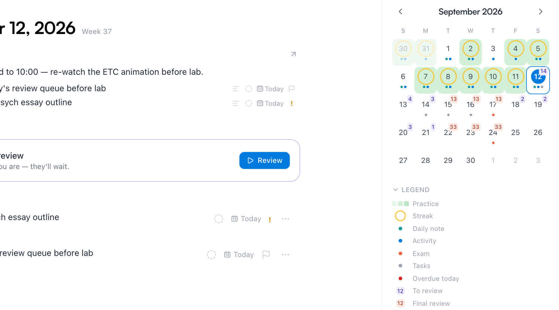 The calendar's day view — today's daily note with task checkboxes, a Tasks section with two scheduled tasks, and the mini-month at right marking days with tasks