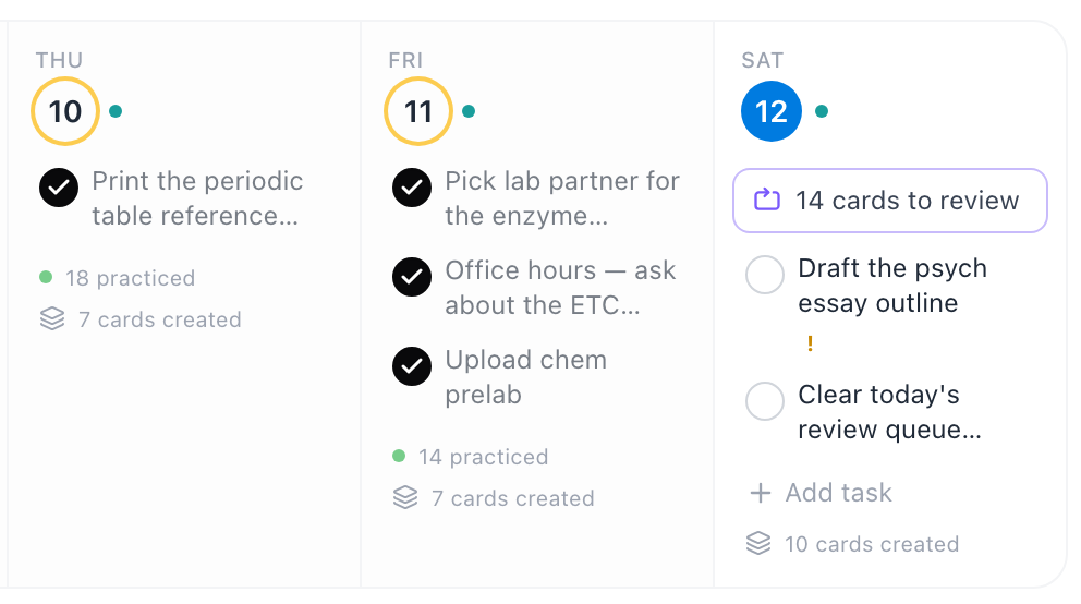 Two past days reduced to checked-off tasks and practice counts, next to today's full column